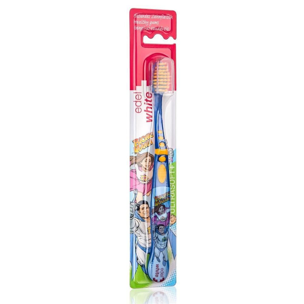 Brosse à dents bleue avec poils jaunes et motifs de bande dessinée. Emballée dans un blister rouge et blanc avec le nom de la marque.