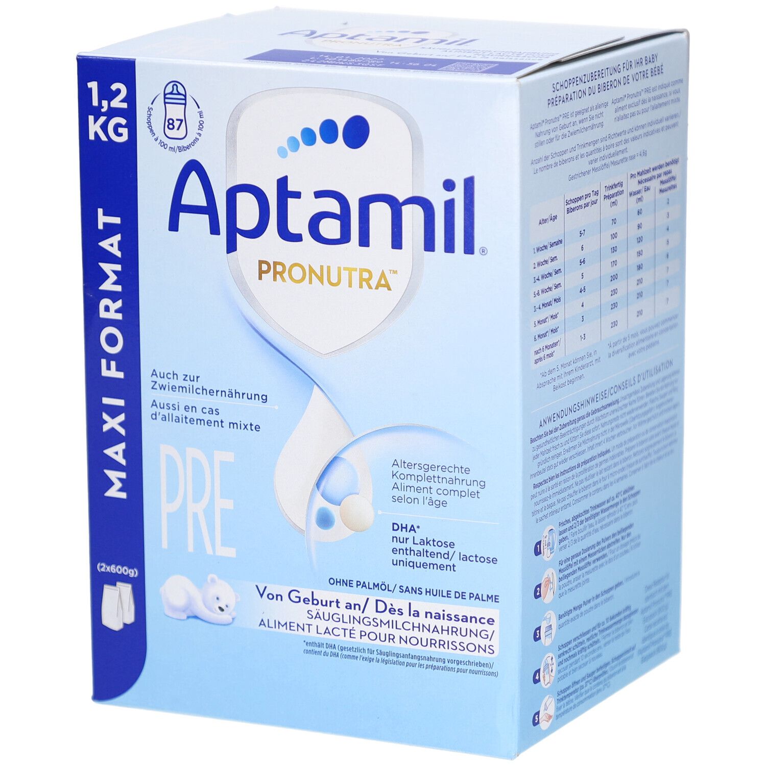 Aptamil Pronutra PRE, boîte Maxi Format. 1,2 kg. Pour nourrissons dès la naissance. Sans huile de palme. Emballage bleu et blanc.
