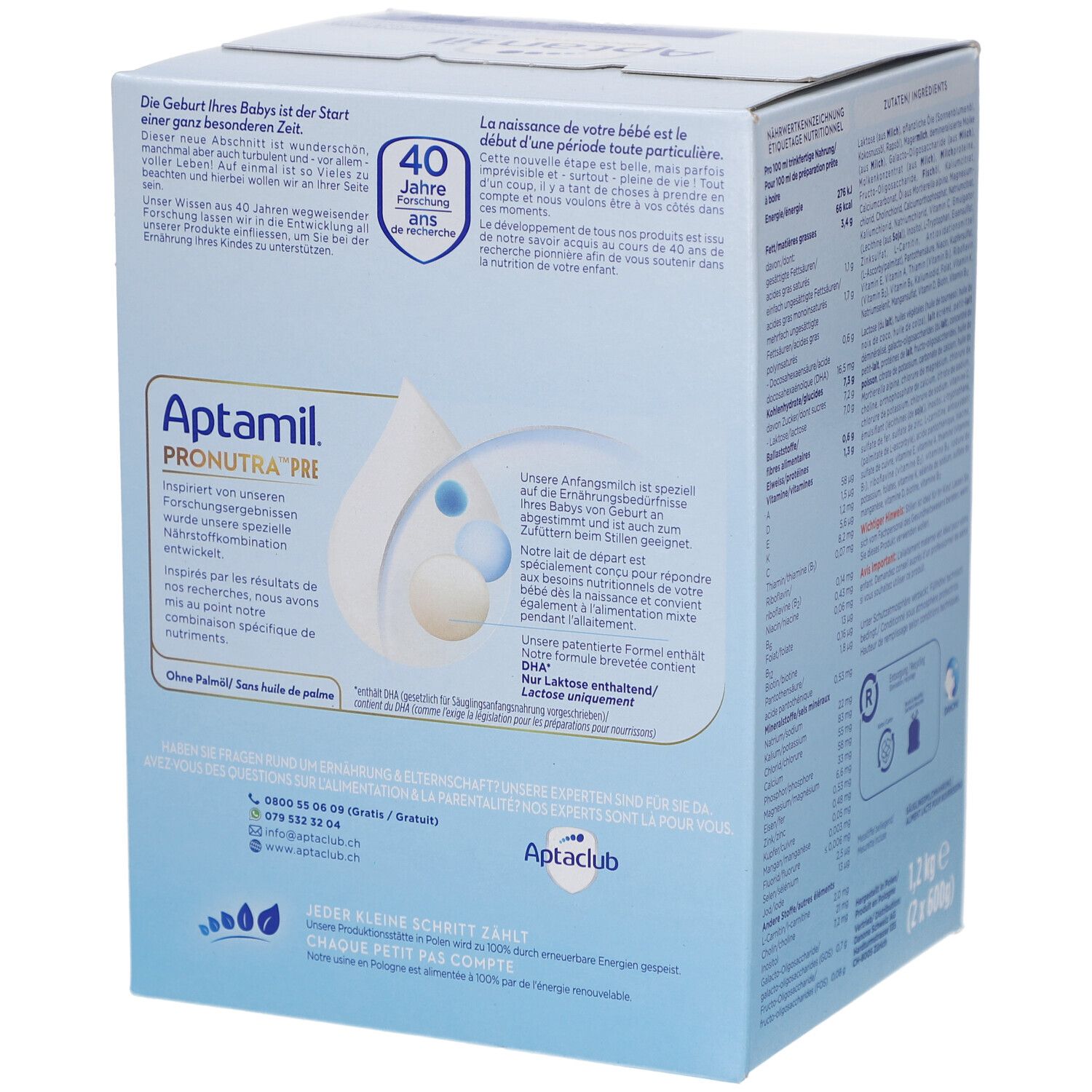 Aptamil Pronutra PRE, boîte Maxi Format. Informations au dos. 1,2 kg. Emballage bleu et blanc.