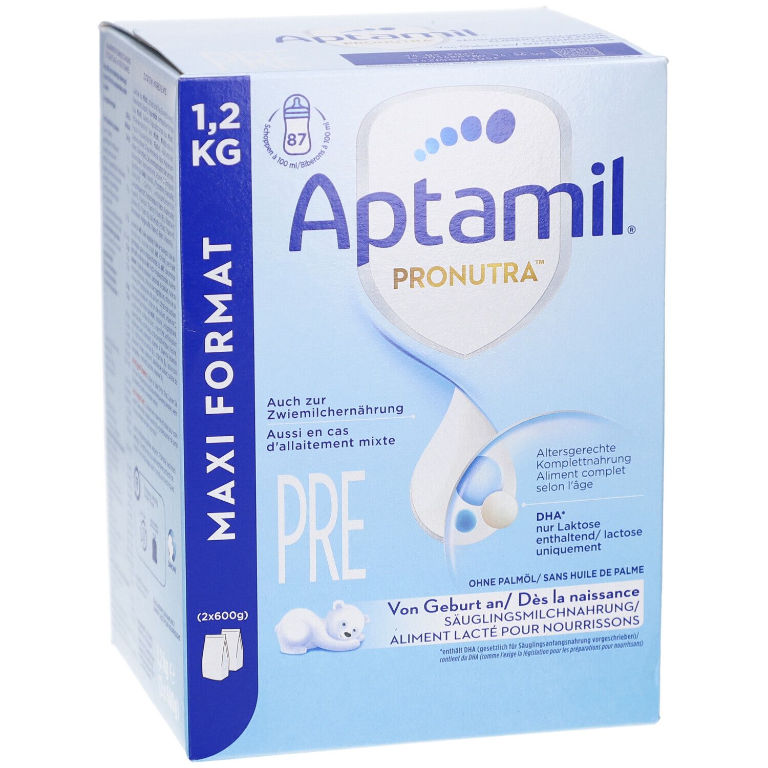 Aptamil Pronutra PRE, boîte Maxi Format. 1,2 kg. Pour nourrissons dès la naissance. Sans huile de palme. Emballage bleu et blanc.