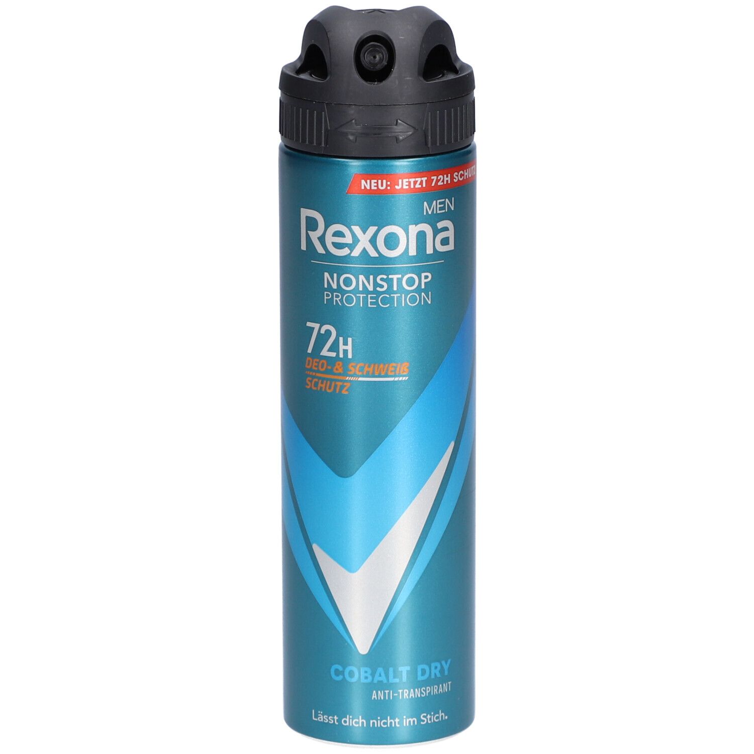 Bombe de déodorant bleu et argenté avec tête de pulvérisation noire. Inscription : Rexona Men Nonstop Protection 72H Deo- & Schweiß Schutz. Cobalt Dry.