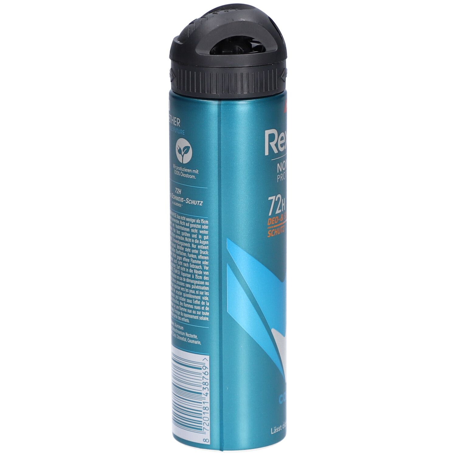 Bombe de déodorant bleu-argenté avec tête de pulvérisation noire. Dos avec texte et logos. Inscription : Rexona Nonstop Protection 72H Deo- & Schweiß Schutz.