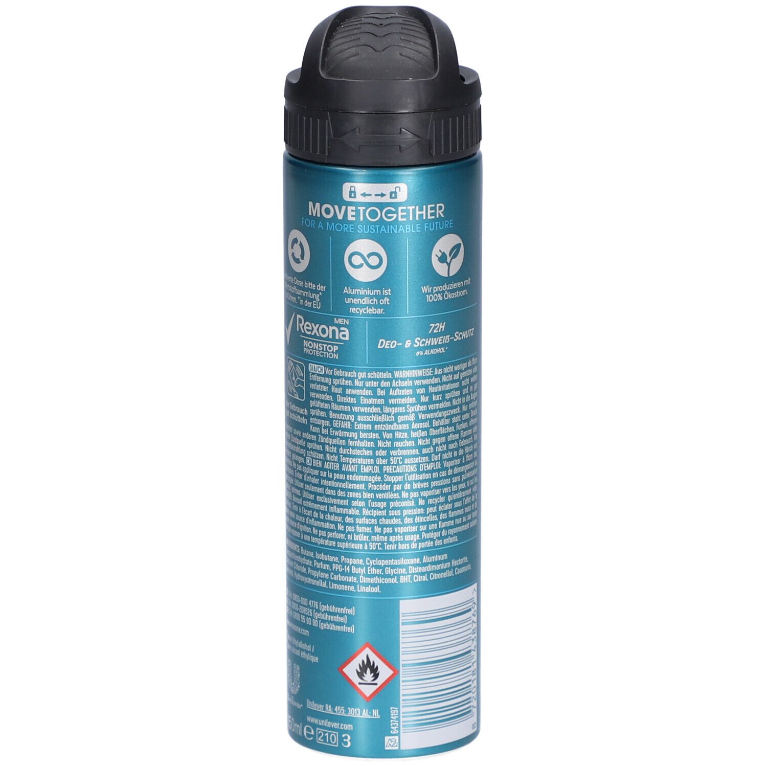 Bombe de déodorant bleu-argenté avec tête de pulvérisation noire. Dos avec texte, logos et avertissements. Inscription : Rexona Nonstop Protection 72H.
