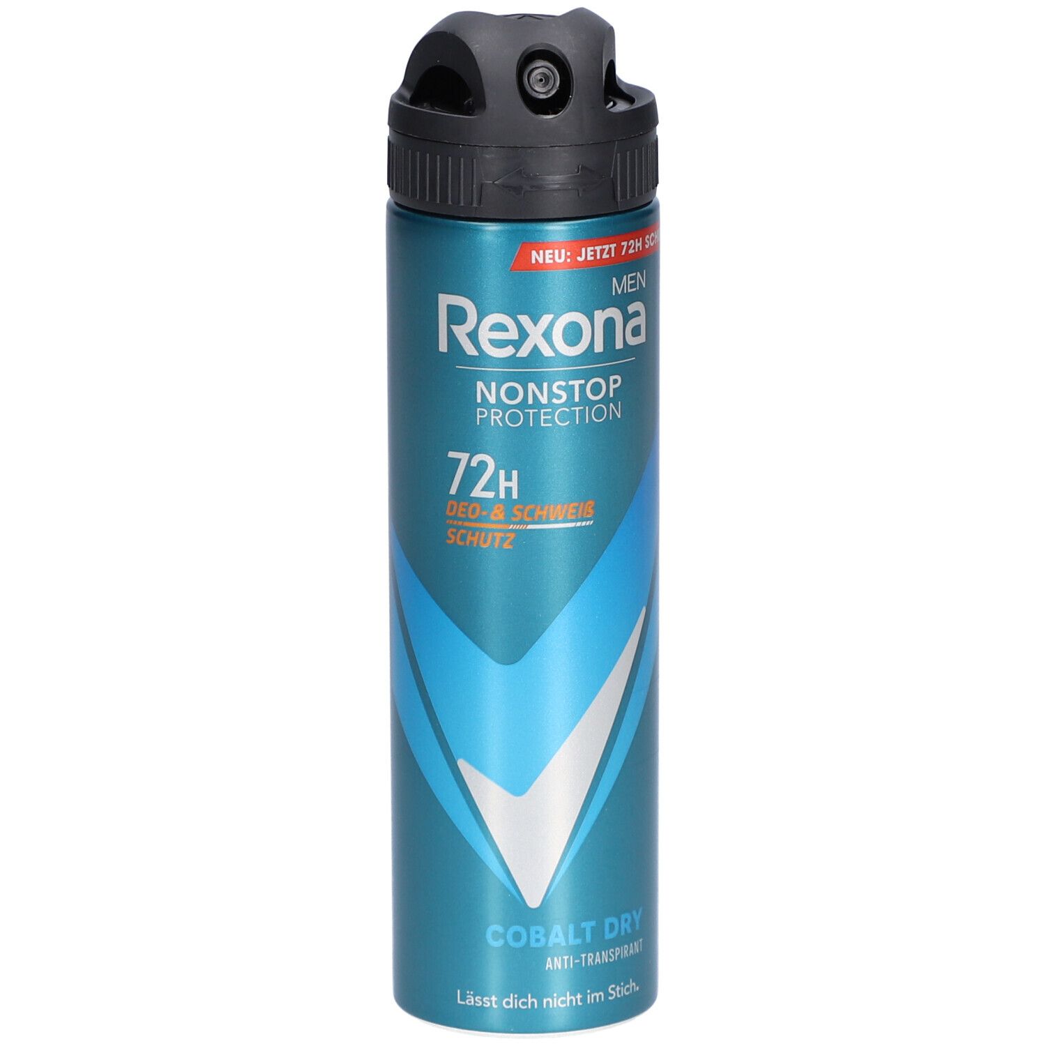 Bombe de déodorant bleu et argenté avec tête de pulvérisation noire. Inscription : Rexona Men Nonstop Protection 72H Deo- & Schweiß Schutz. Cobalt Dry.