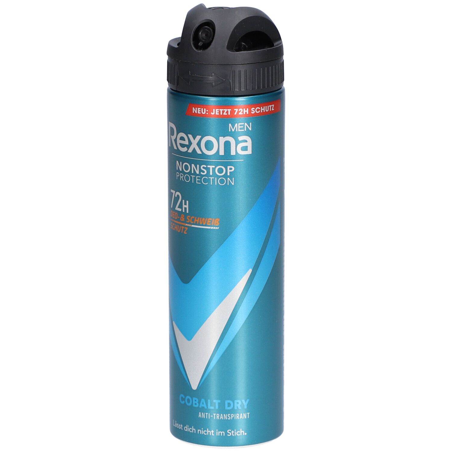 Bombe de déodorant bleu et argenté avec tête de pulvérisation noire. Inscription : Rexona Men Nonstop Protection 72H Deo- & Schweiß Schutz. Cobalt Dry.