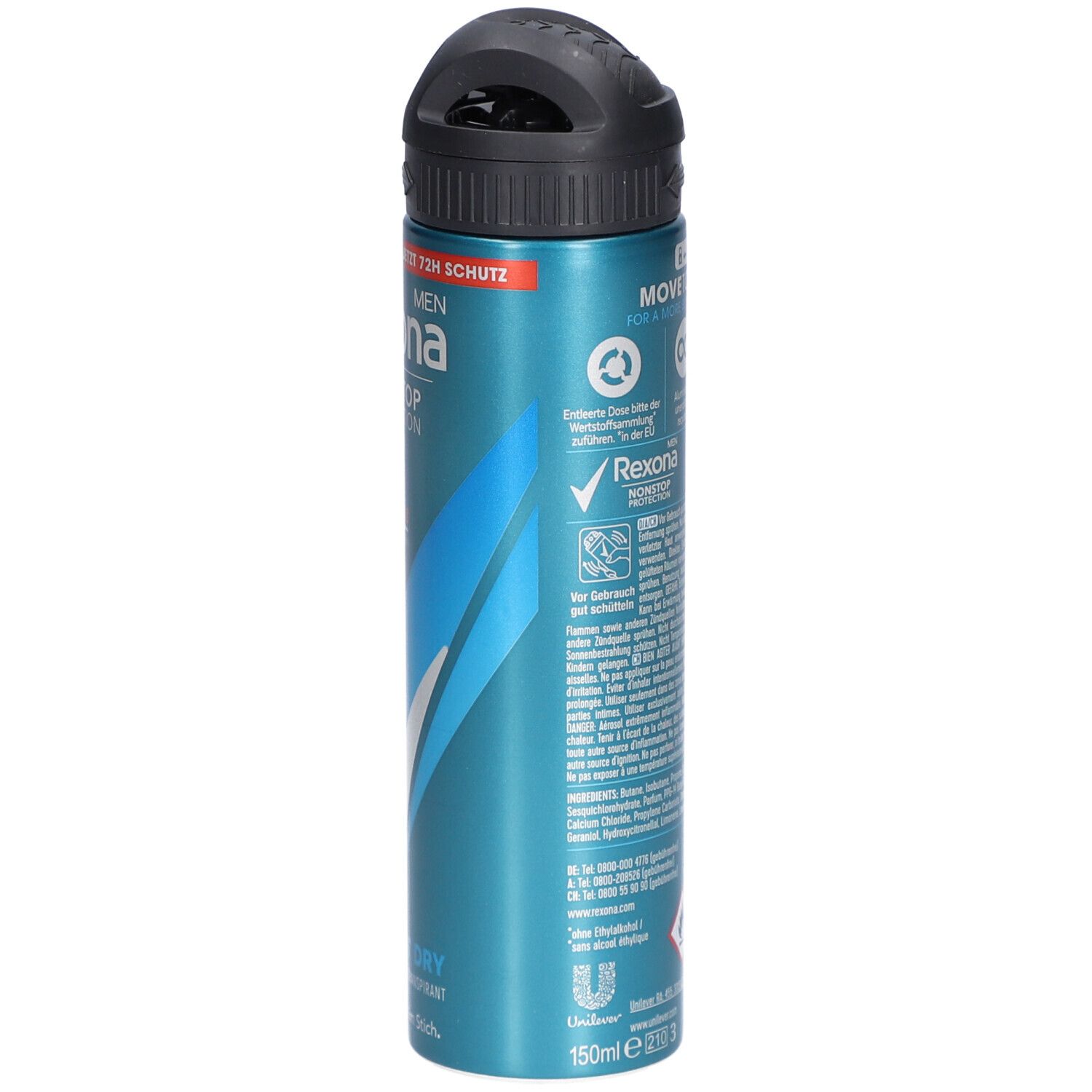 Bombe de déodorant bleu-argenté avec tête de pulvérisation noire. Dos avec texte, logos et indication de volume 150ml. Inscription : Rexona Nonstop Protection 72H.