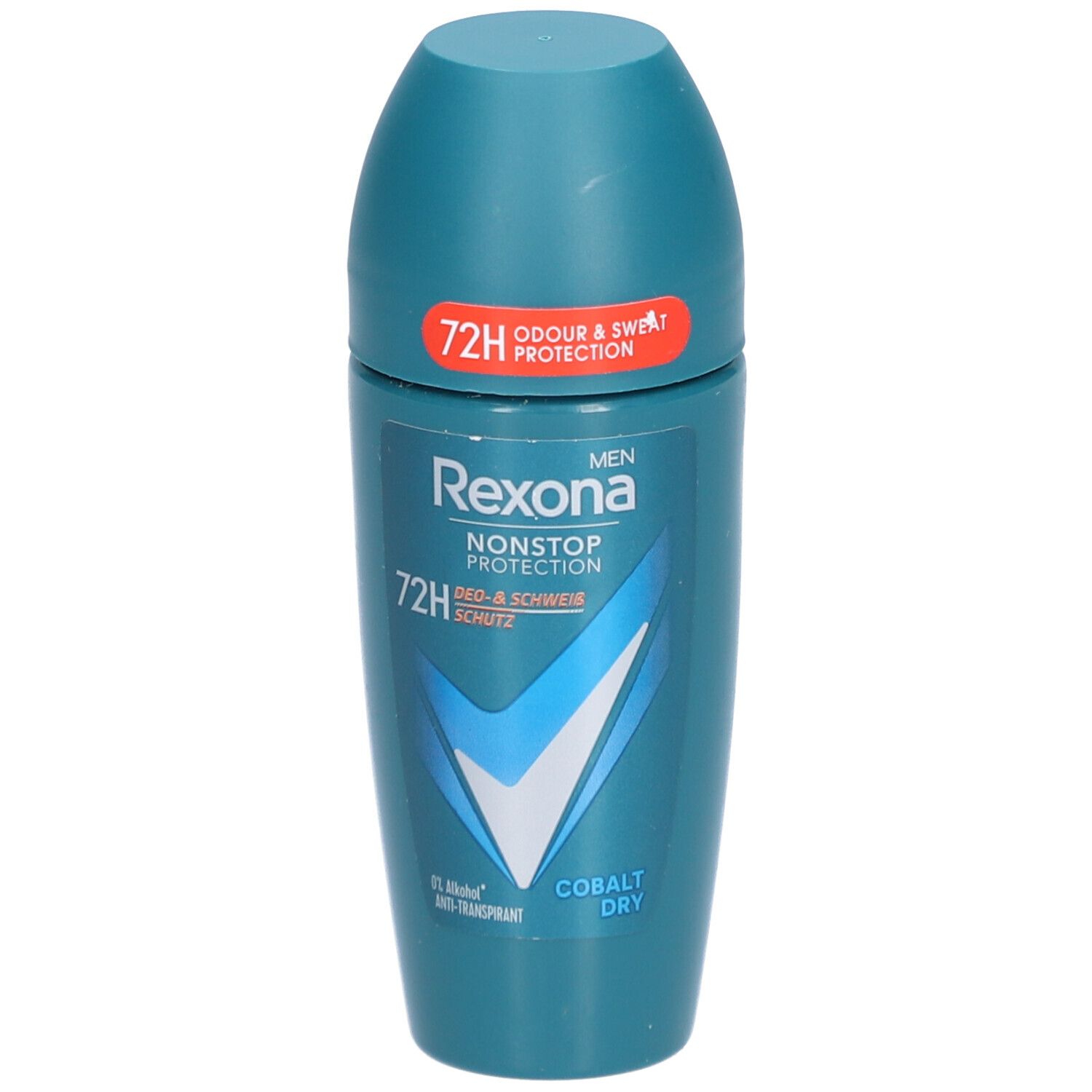 Déodorant roll-on bleu-vert. Inscription: Rexona Men, 72H, Cobalt Dry. En haut: 72H Odour & Sweat Protection.