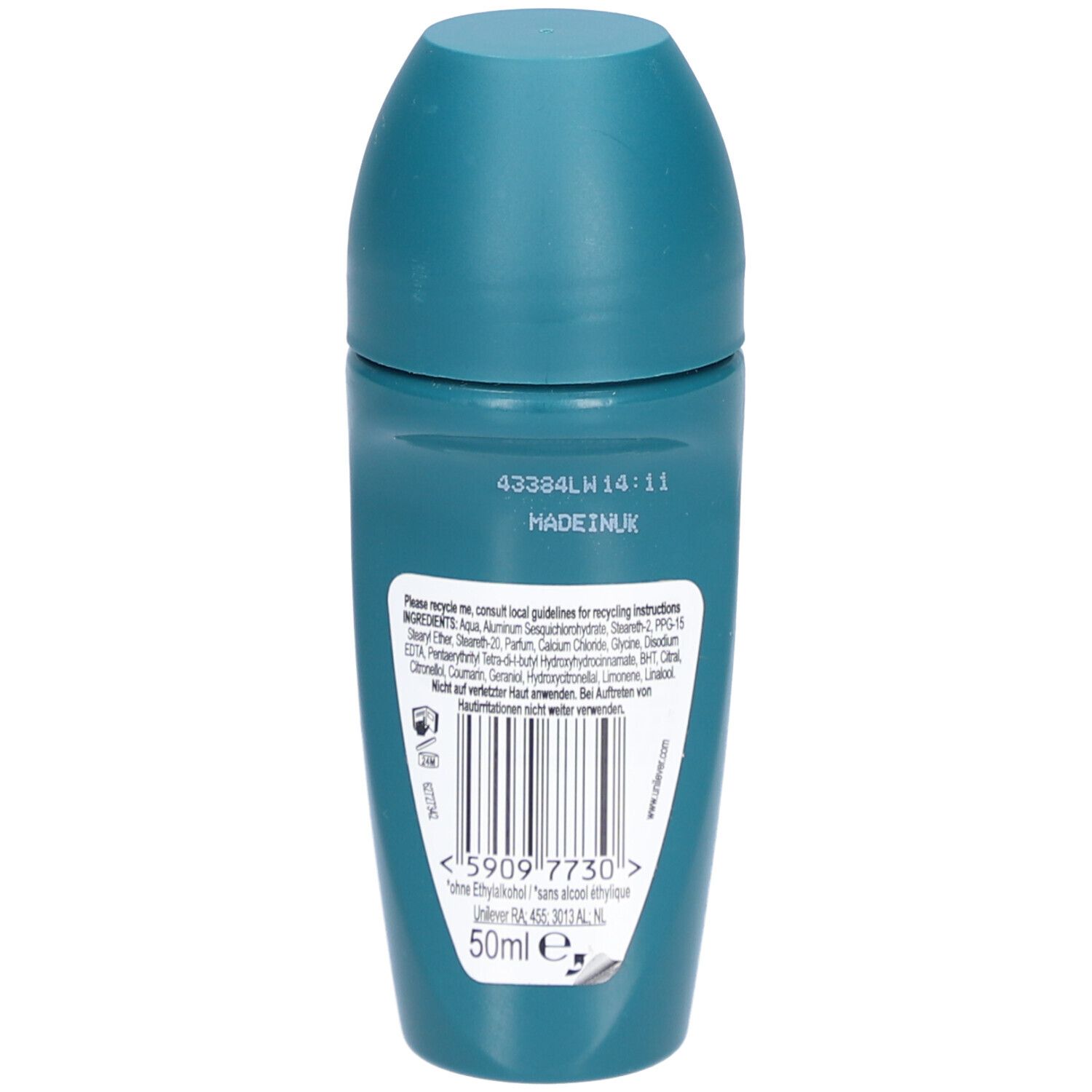 Dos d'un déodorant roll-on bleu-vert. Code-barres et ingrédients. Inscription: 50ml.