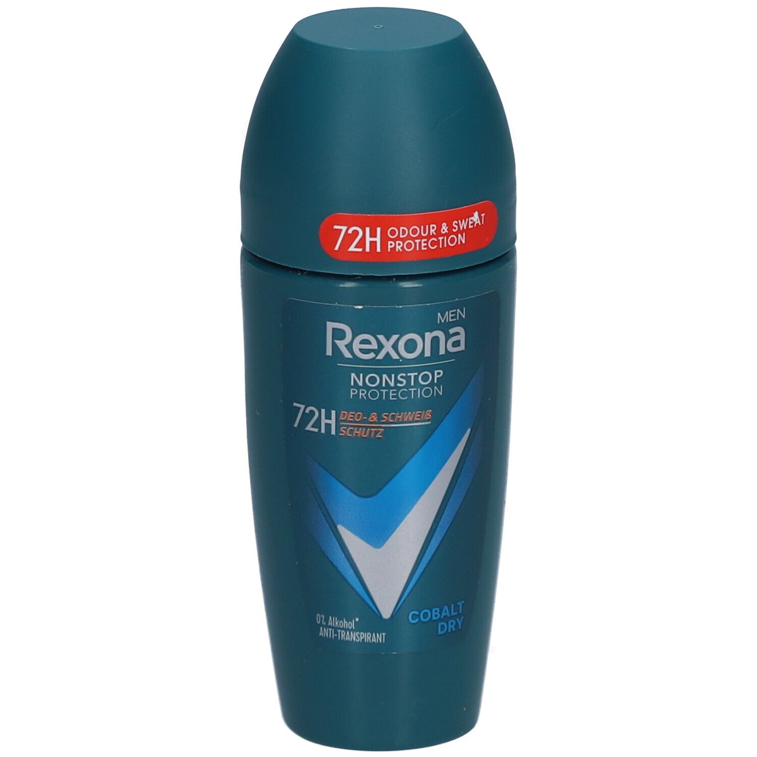 Déodorant roll-on bleu-vert. Inscription: Rexona Men, 72H, Cobalt Dry. En haut: 72H Odour & Sweat Protection.