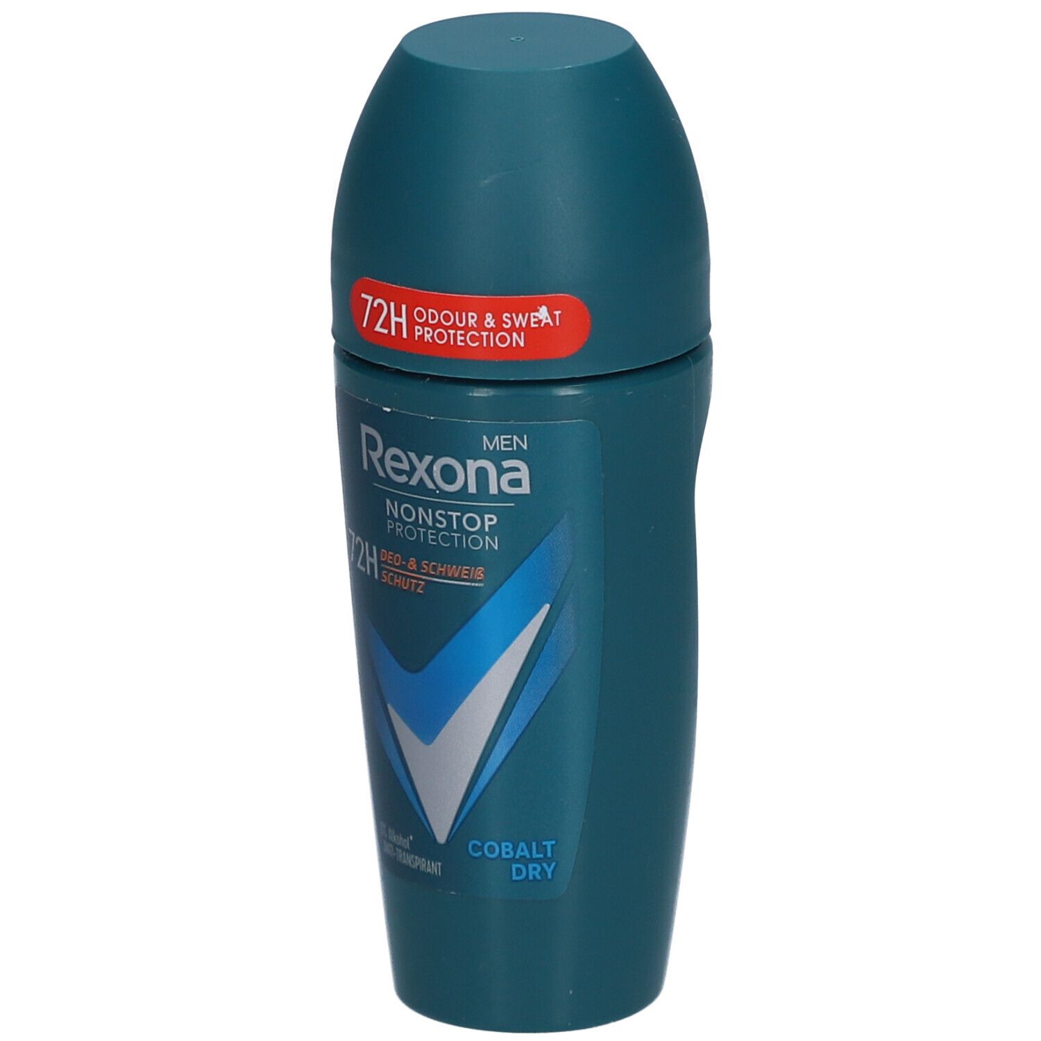 Déodorant roll-on bleu-vert. Inscription: Rexona Men, 72H, Cobalt Dry. En haut: 72H Odour & Sweat Protection.