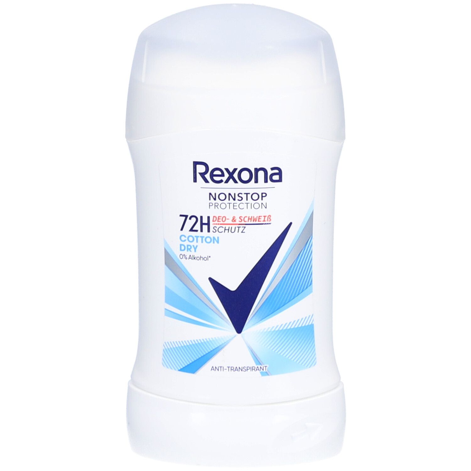 Stick blanc avec logo bleu et texte. Contient "72H" et "Cotton Dry".
