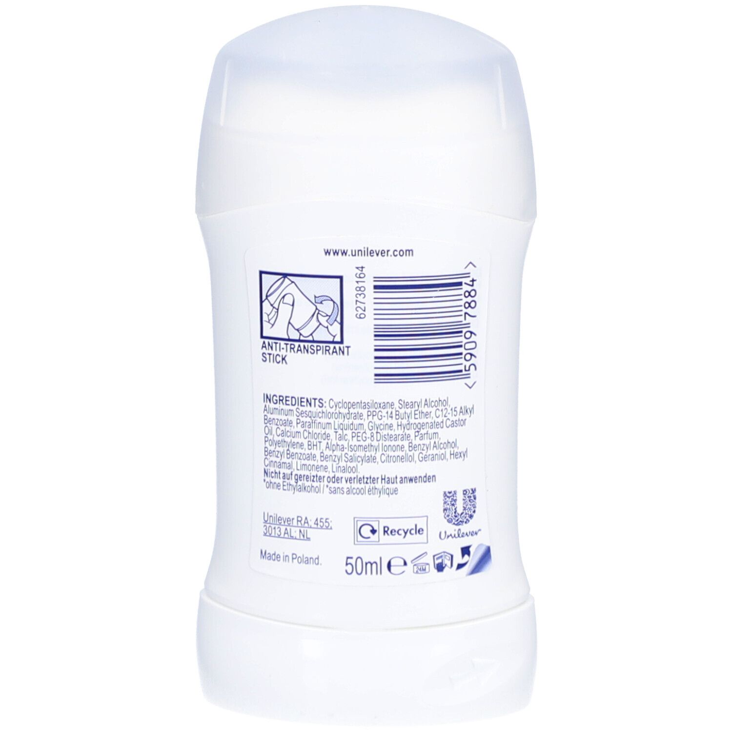 Dos d'un stick blanc. Contient ingrédients, code-barres et logo Unilever.
