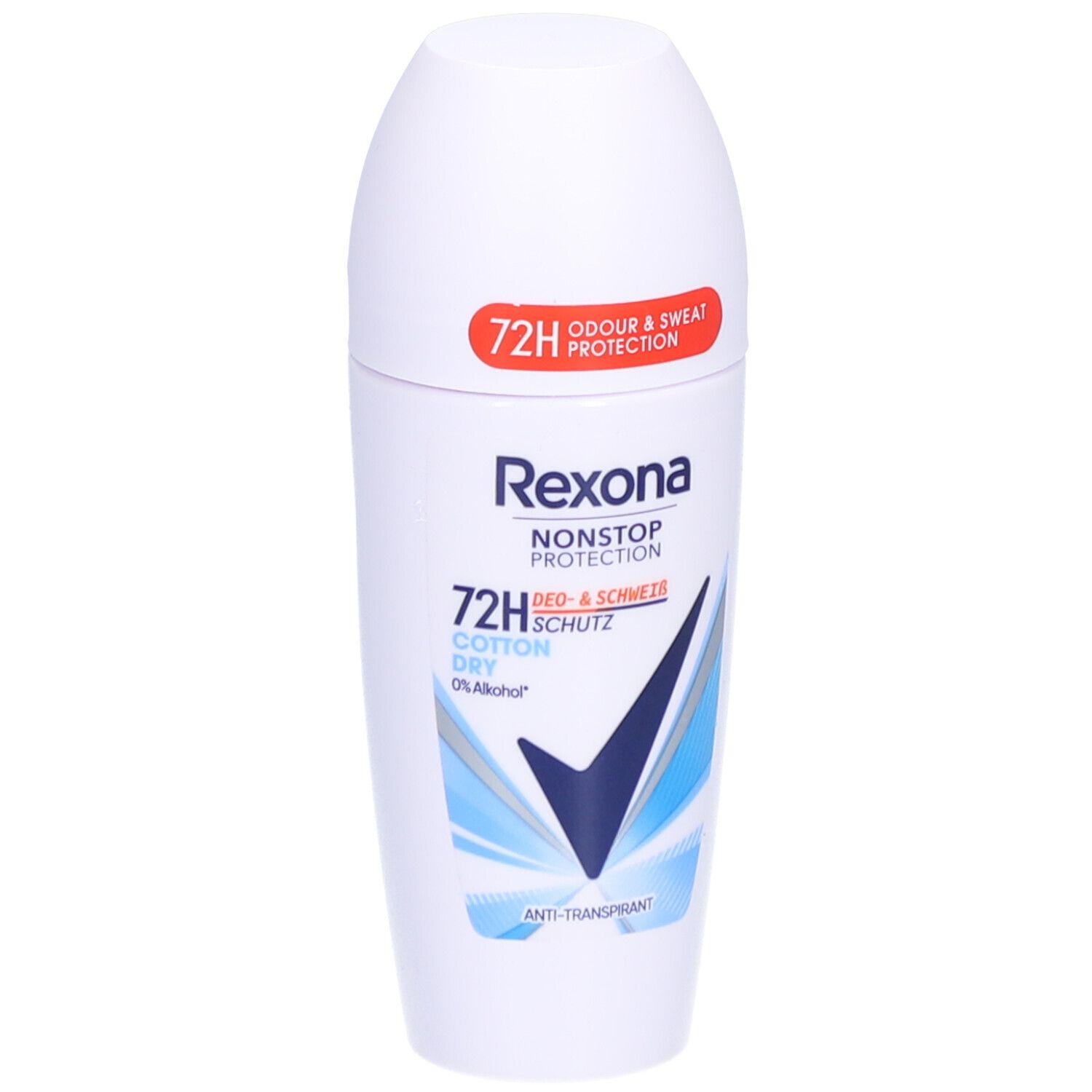 Déodorant roll-on blanc avec motifs bleus et noirs. Texte: Rexona, Nonstop Protection, 72H, Cotton Dry, 0% Alcohol. Autocollant rouge: 72H Odour & Sweat Protection.