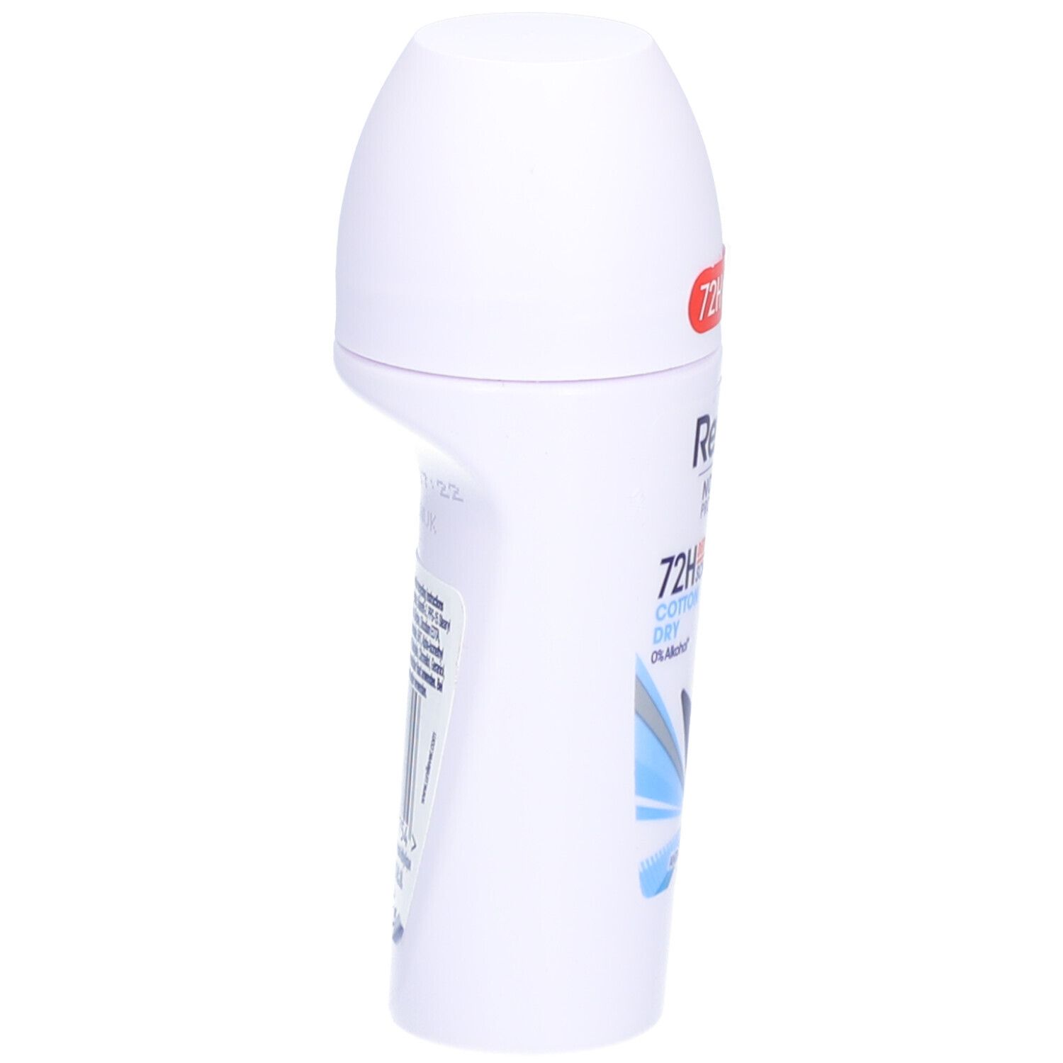 Déodorant roll-on blanc, vue latérale. Texte: Rexona, 72H, Cotton Dry. Autocollant: 72H Odour & Sweat Protection. Code-barres et texte au dos.