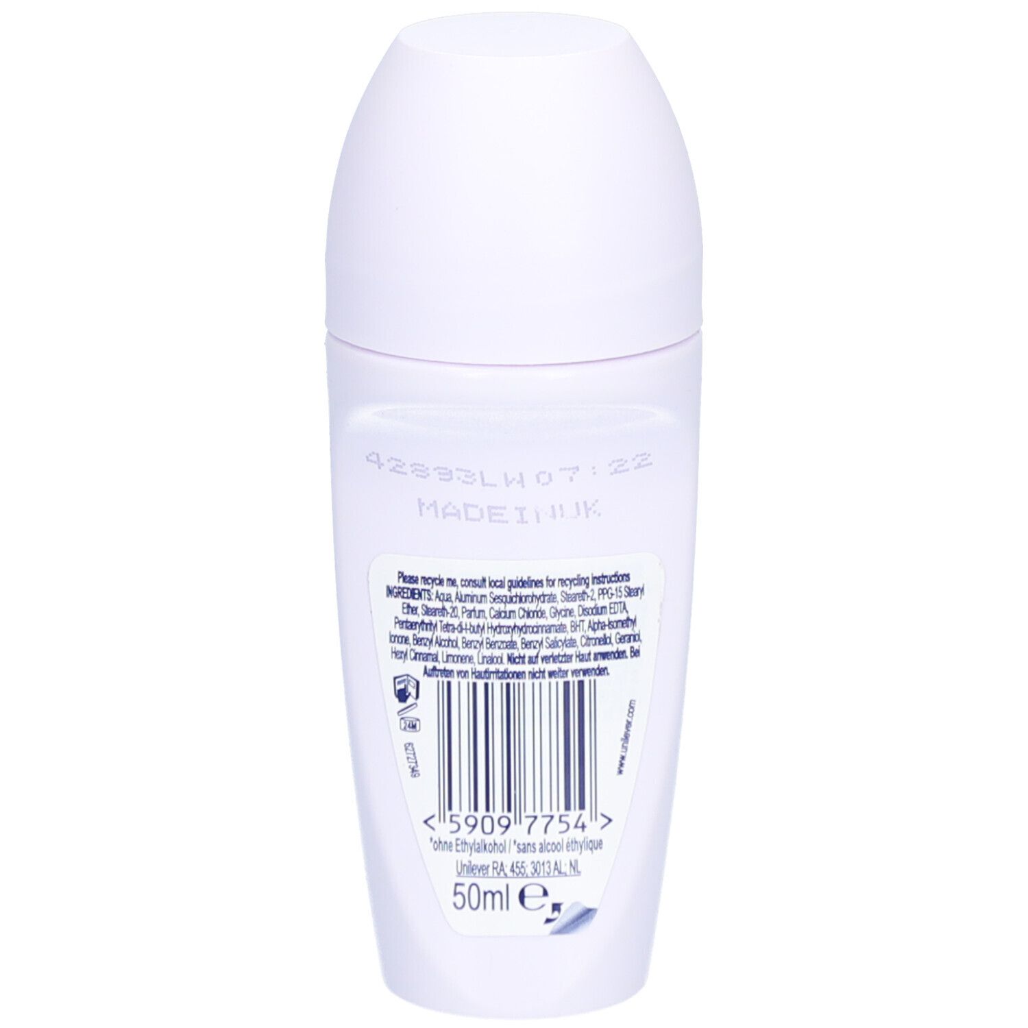 Dos d'un déodorant roll-on blanc. Texte: Ingrédients, code-barres, 50ml e. Fabriqué au Royaume-Uni. Logo Unilever.
