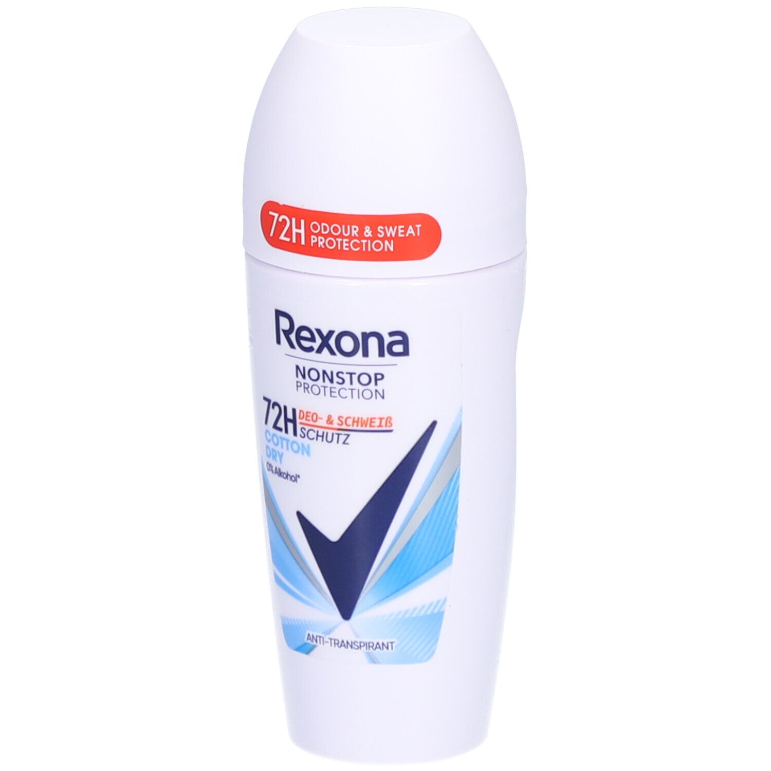 Déodorant roll-on blanc avec motifs bleus et noirs. Texte: Rexona, Nonstop Protection, 72H, Cotton Dry, 0% Alcohol. Autocollant rouge: 72H Odour & Sweat Protection.