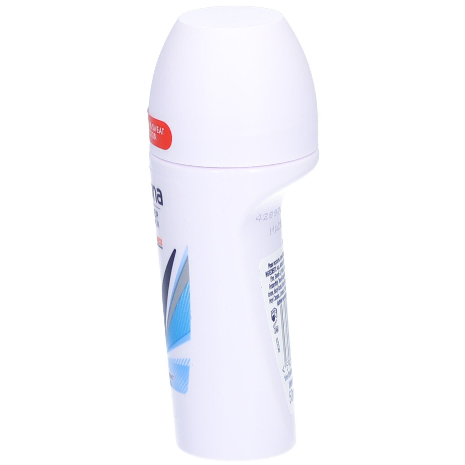 Déodorant roll-on blanc, vue latérale. Texte: Rexona, 72H, Cotton Dry. Autocollant: 72H Odour & Sweat Protection. Code-barres et texte au dos.