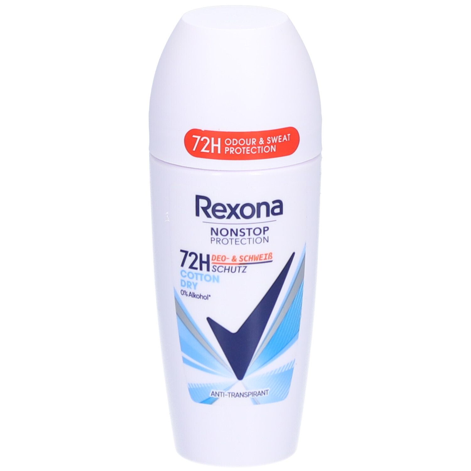 Déodorant roll-on blanc avec motifs bleus et noirs. Texte: Rexona, Nonstop Protection, 72H, Cotton Dry, 0% Alcohol. Autocollant rouge: 72H Odour & Sweat Protection.
