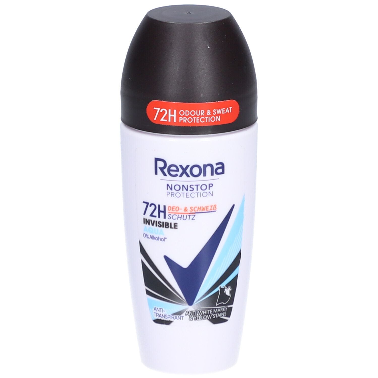 Déodorant roll-on blanc avec bouchon noir. Texte: Rexona, Nonstop Protection, 72H, Invisible. Graphique bleu et noir.