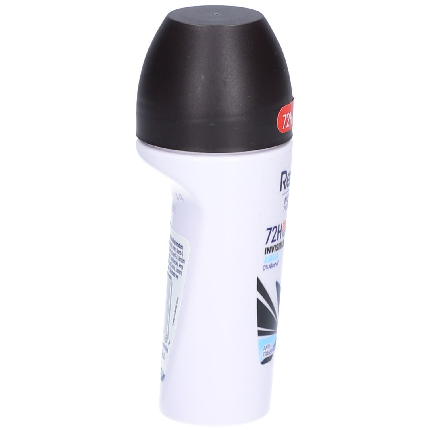 Déodorant roll-on blanc avec bouchon noir. Vue latérale. Texte: Rexona, 72H, Invisible. Étiquette avec informations.