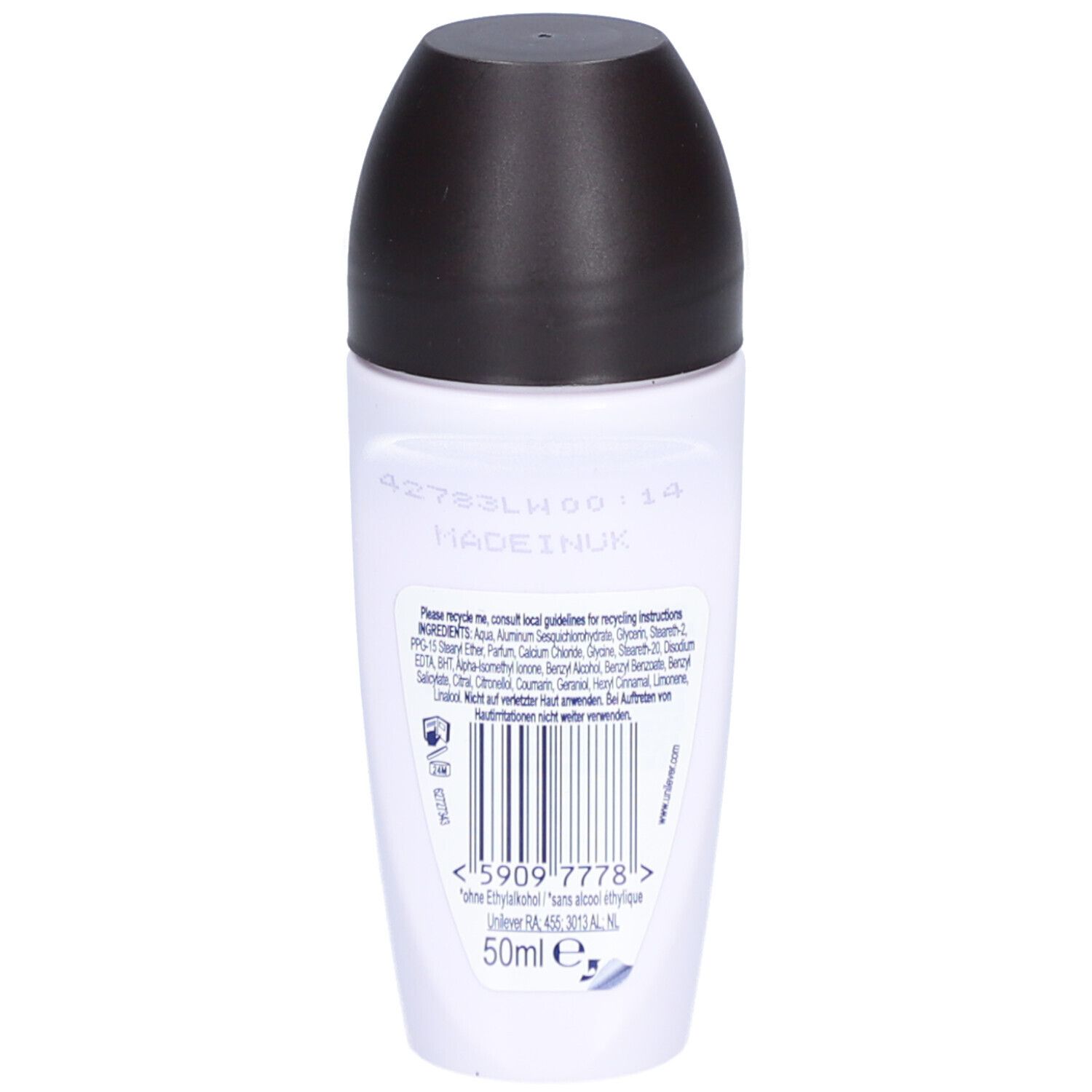 Dos d'un déodorant roll-on blanc avec bouchon noir. Texte et code-barres. Informations sur les ingrédients et le recyclage.