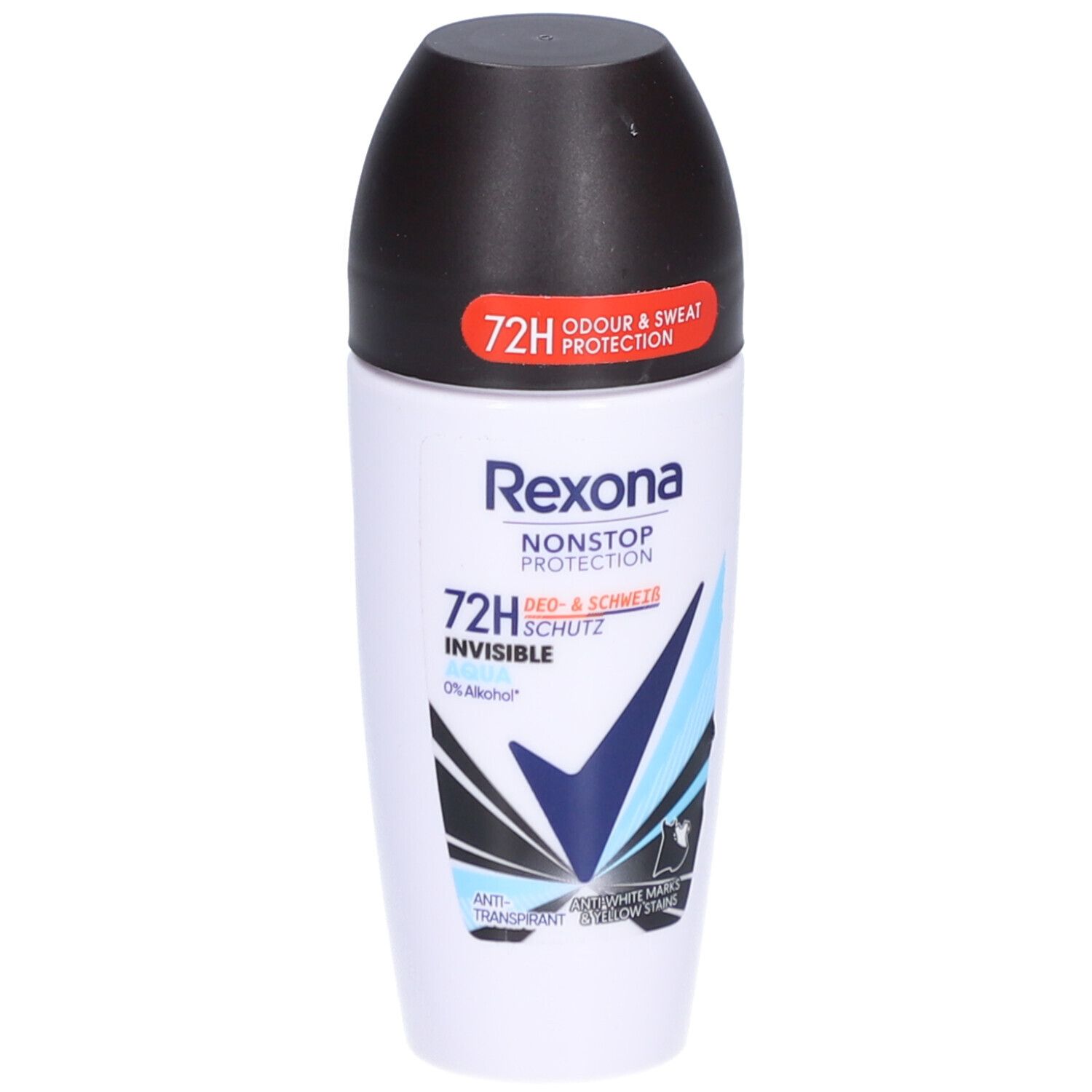 Déodorant roll-on blanc avec bouchon noir. Texte: Rexona, Nonstop Protection, 72H, Invisible. Graphique bleu et noir.