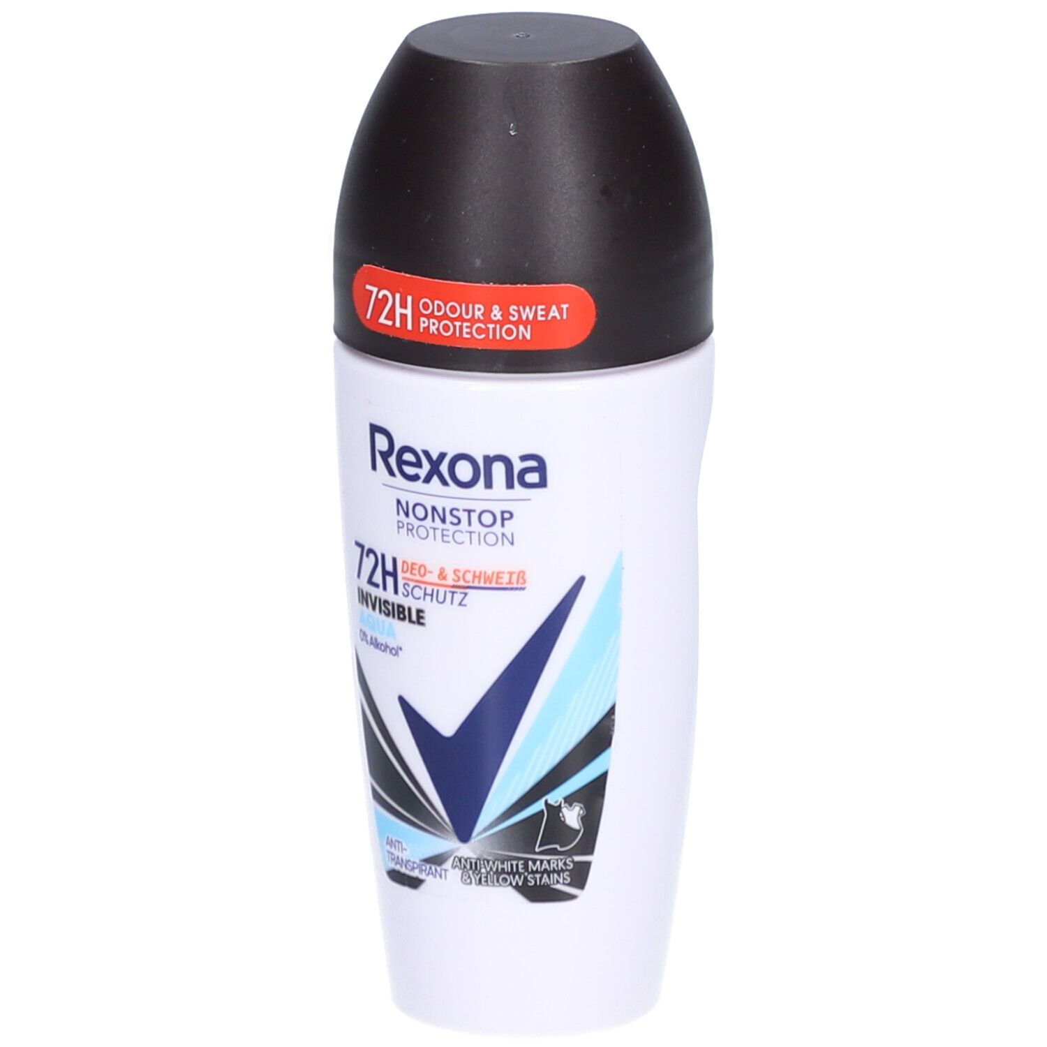 Déodorant roll-on blanc avec bouchon noir. Texte: Rexona, Nonstop Protection, 72H, Invisible. Graphique bleu et noir.