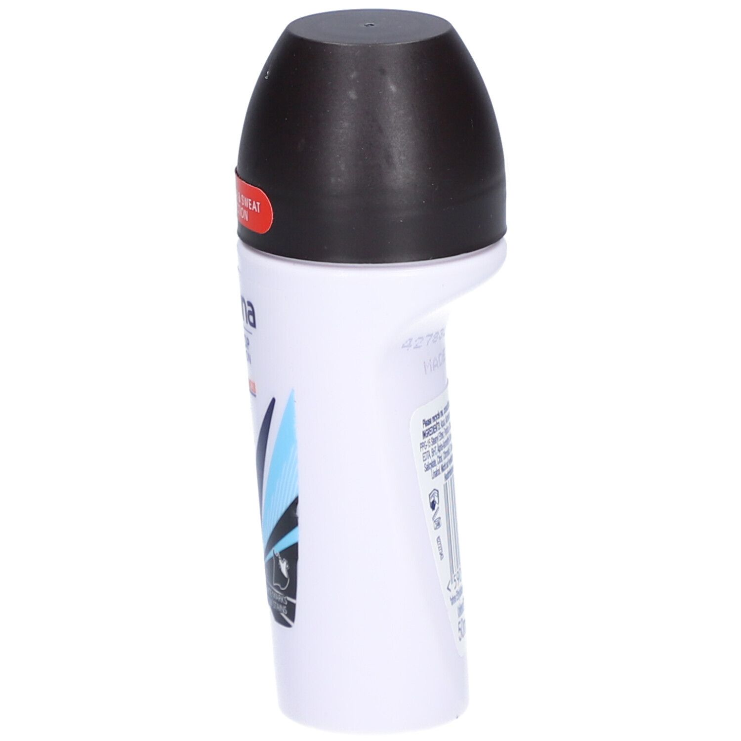 Déodorant roll-on blanc avec bouchon noir. Vue latérale. Texte: Rexona, 72H, Invisible. Étiquette avec informations.
