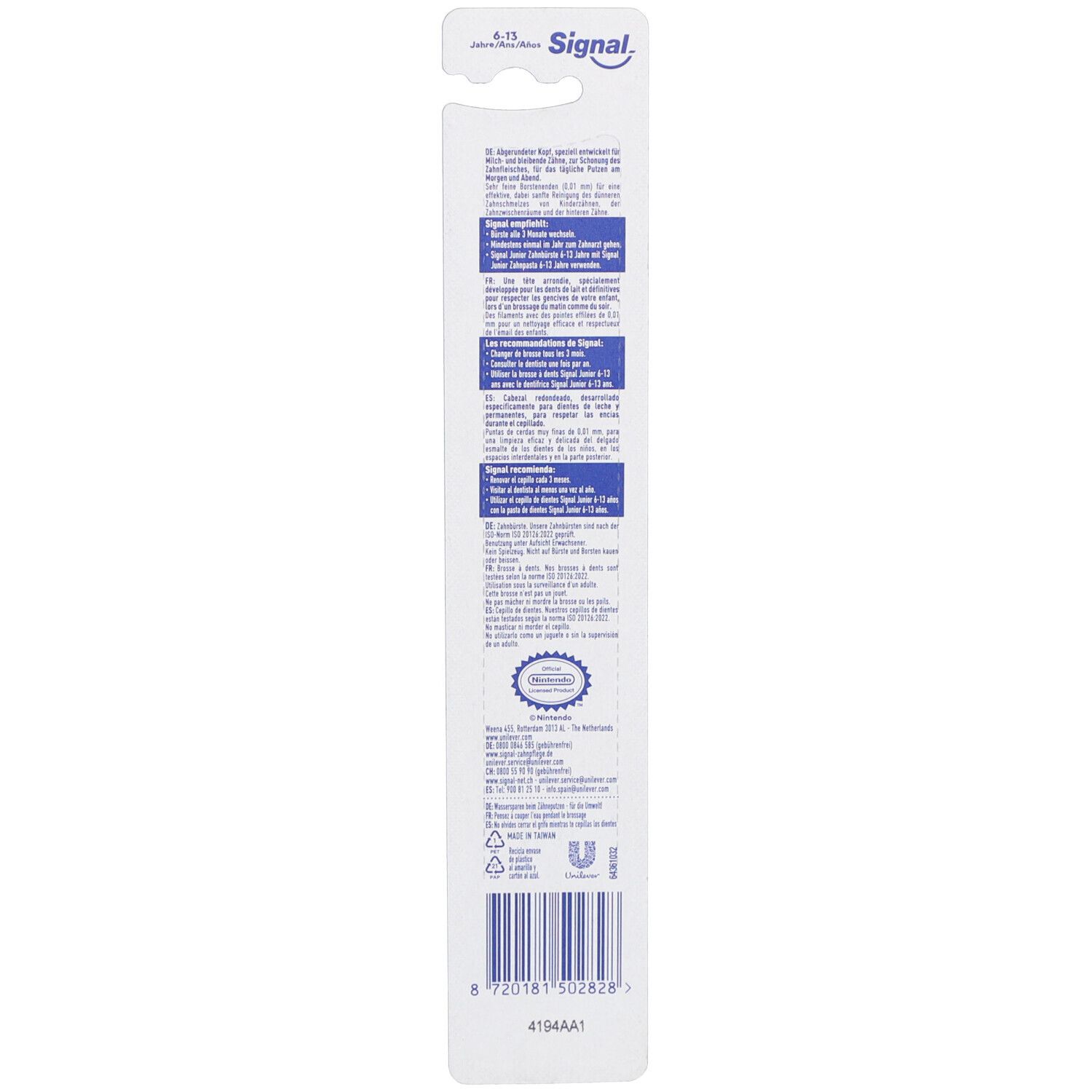 Dos de l'emballage de la brosse à dents. Texte multilingue. Logo Signal. Code-barres et certifications.