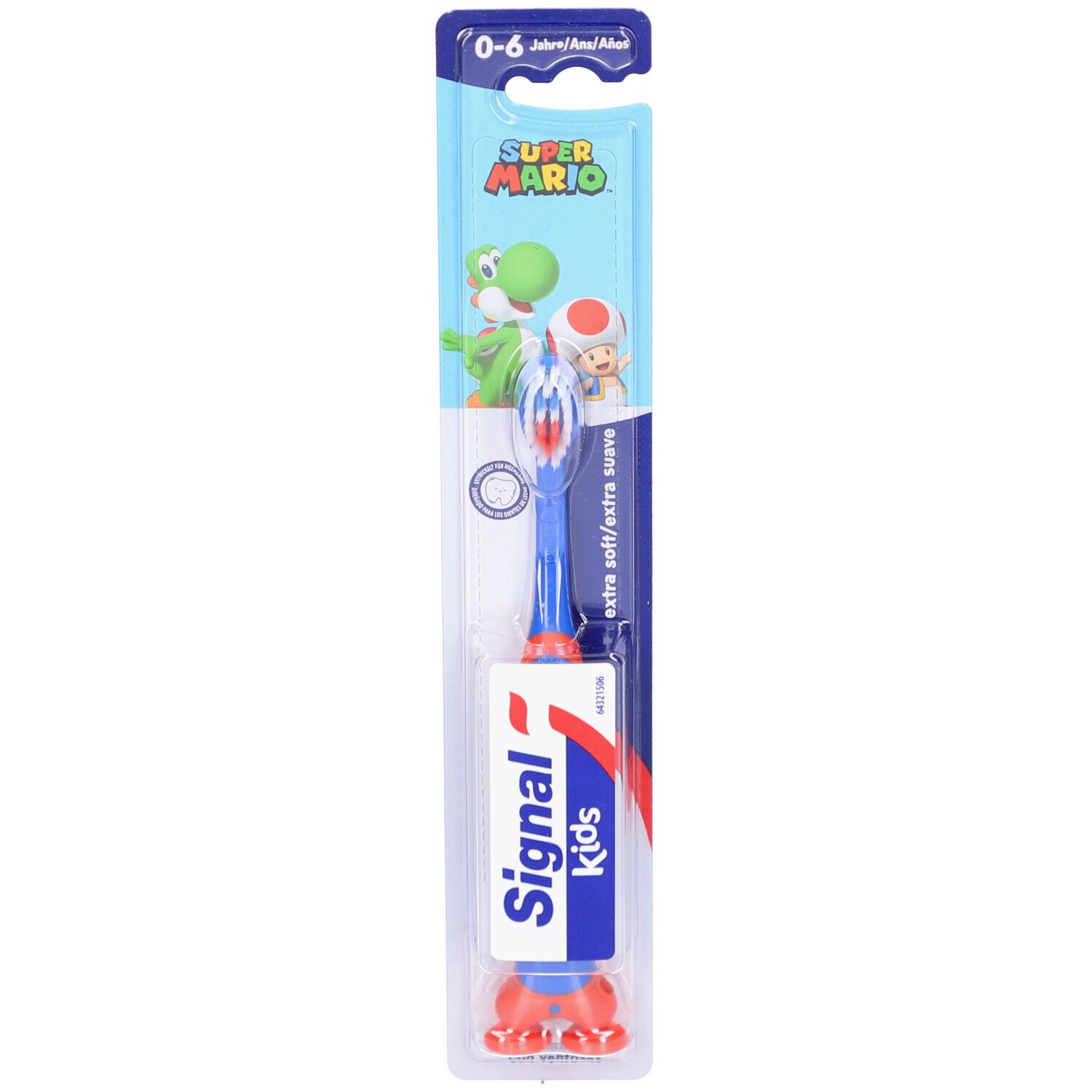 Brosse à dents enfant bleue et rouge, motif Super Mario, emballage blister. Marque : Signal Kids.
