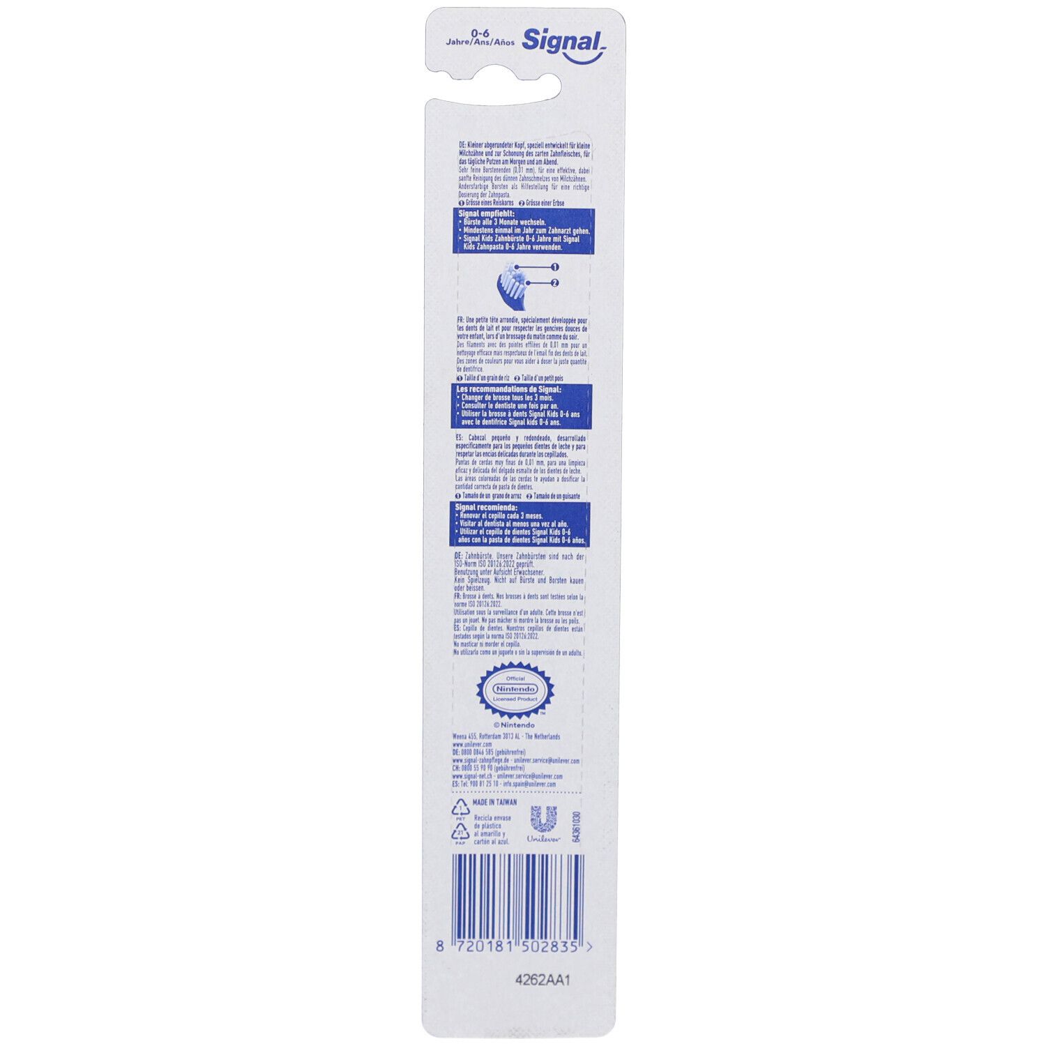 Dos de l'emballage de la brosse à dents. Texte multilingue, symboles de recyclage, code-barres et logo de la marque.