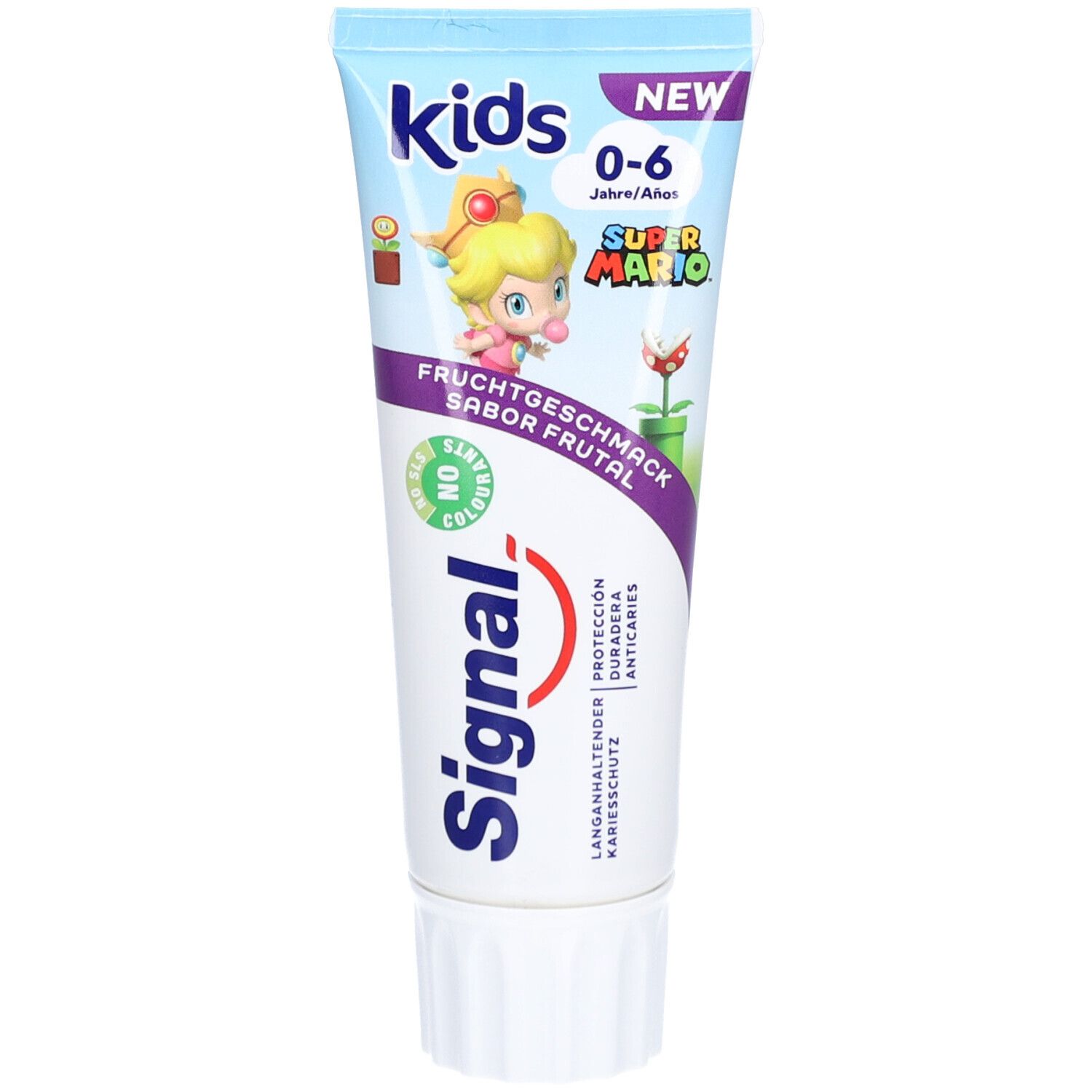 Tube de dentifrice pour enfants avec motif Super Mario. Inscription : "Kids 0-6 ans". Goût fruité. Logo Signal.
