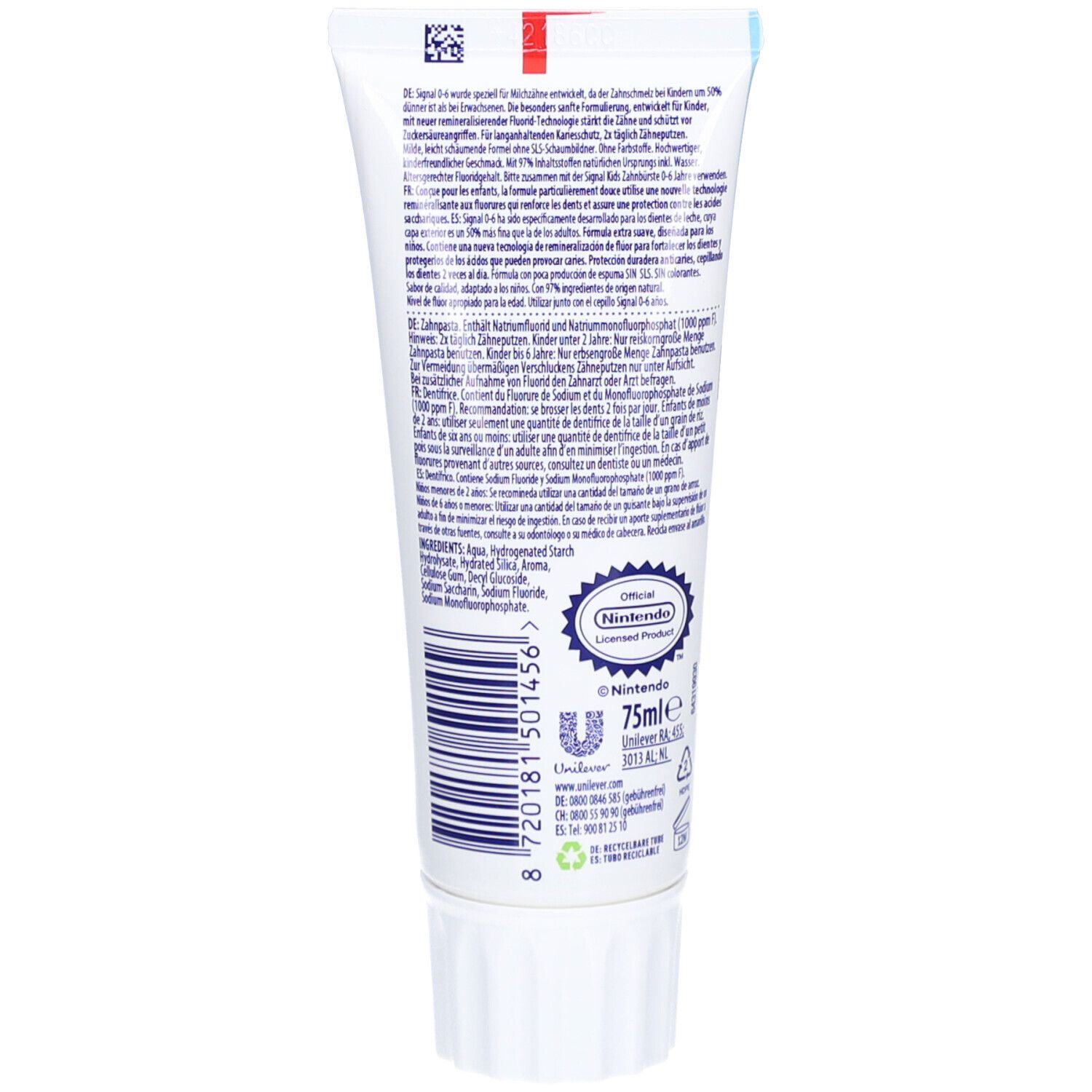 Dos du tube de dentifrice. Texte en plusieurs langues. Logo Nintendo. Volume : 75 ml.