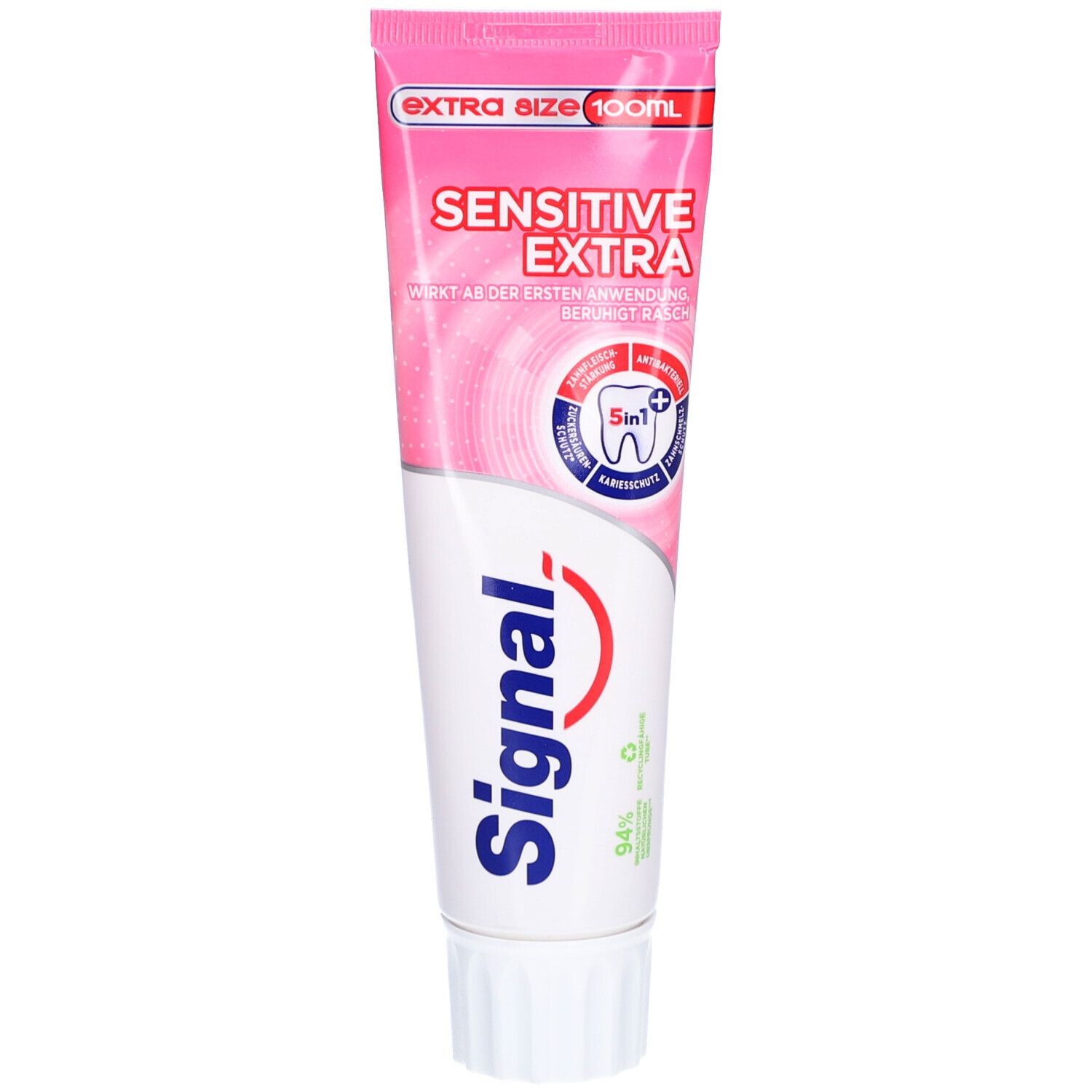 Tube rose "Signal Sensitive Extra". Texte: "extra size 100ml", logo et protection dentaire 5 en 1.