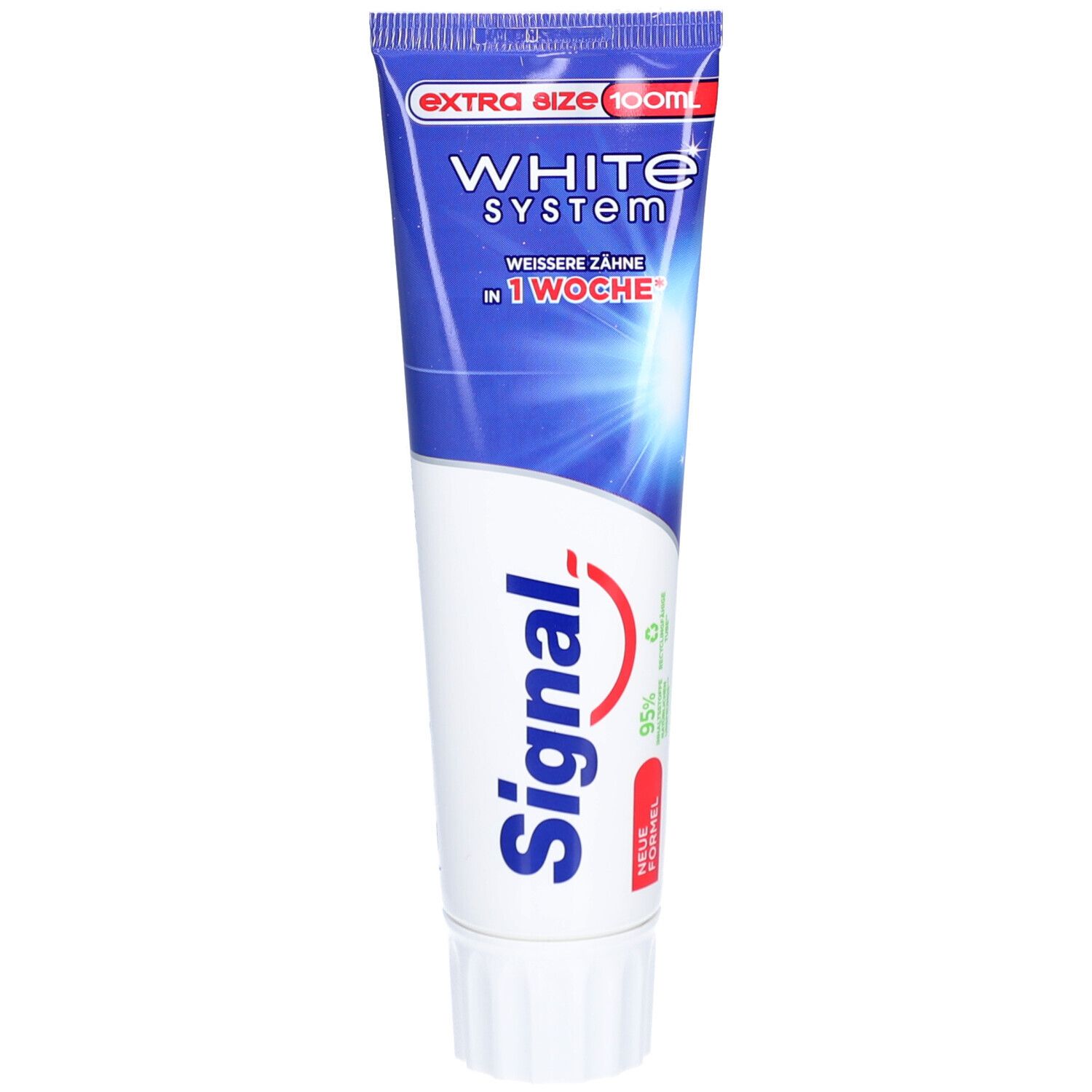 Tube de dentifrice Signal White System. Bleu et blanc, bouchon blanc. Inscription: White System, dents plus blanches en 1 semaine.
