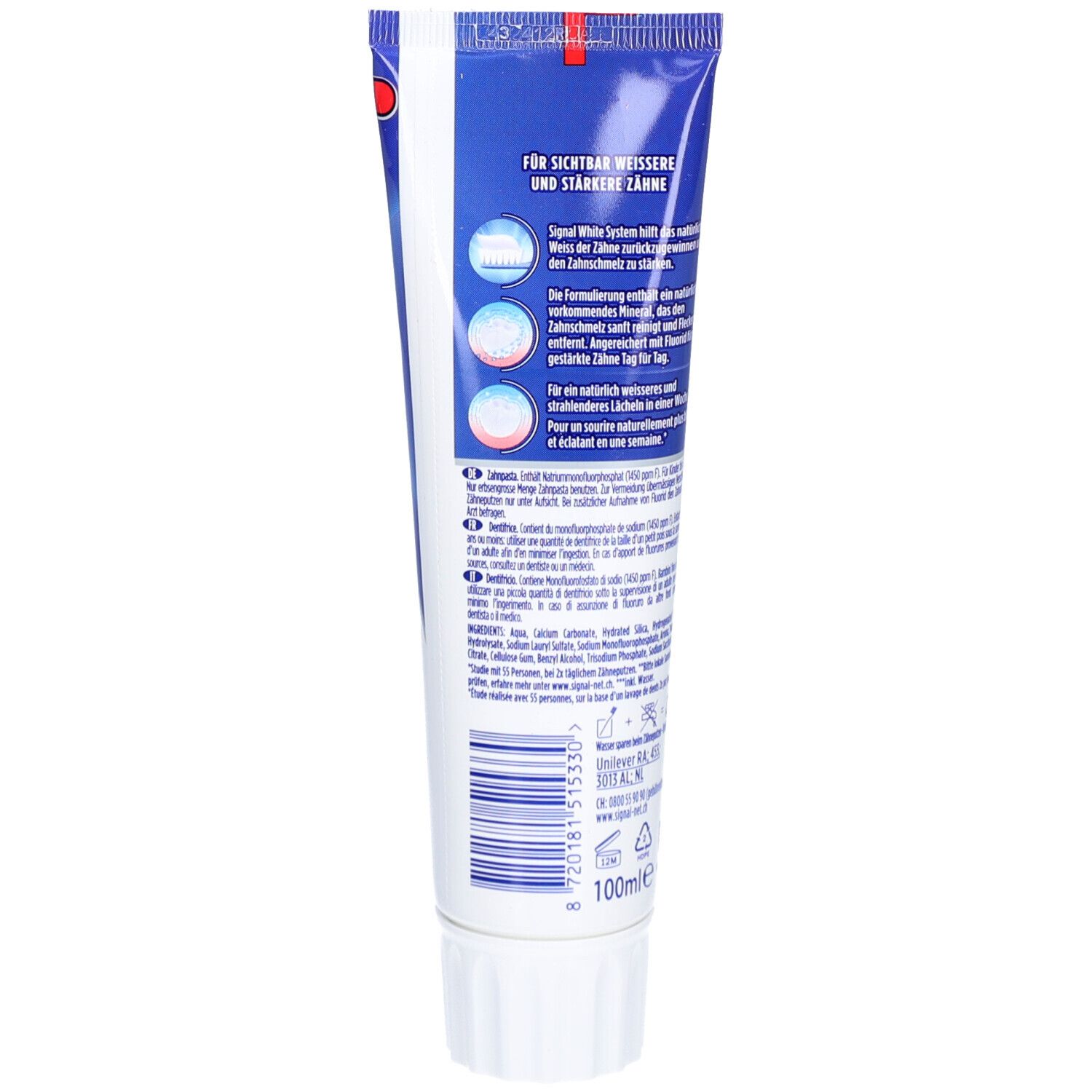 Dos du tube de dentifrice Signal White System. Texte multilingue. Contient des informations sur l'utilisation et les ingrédients.