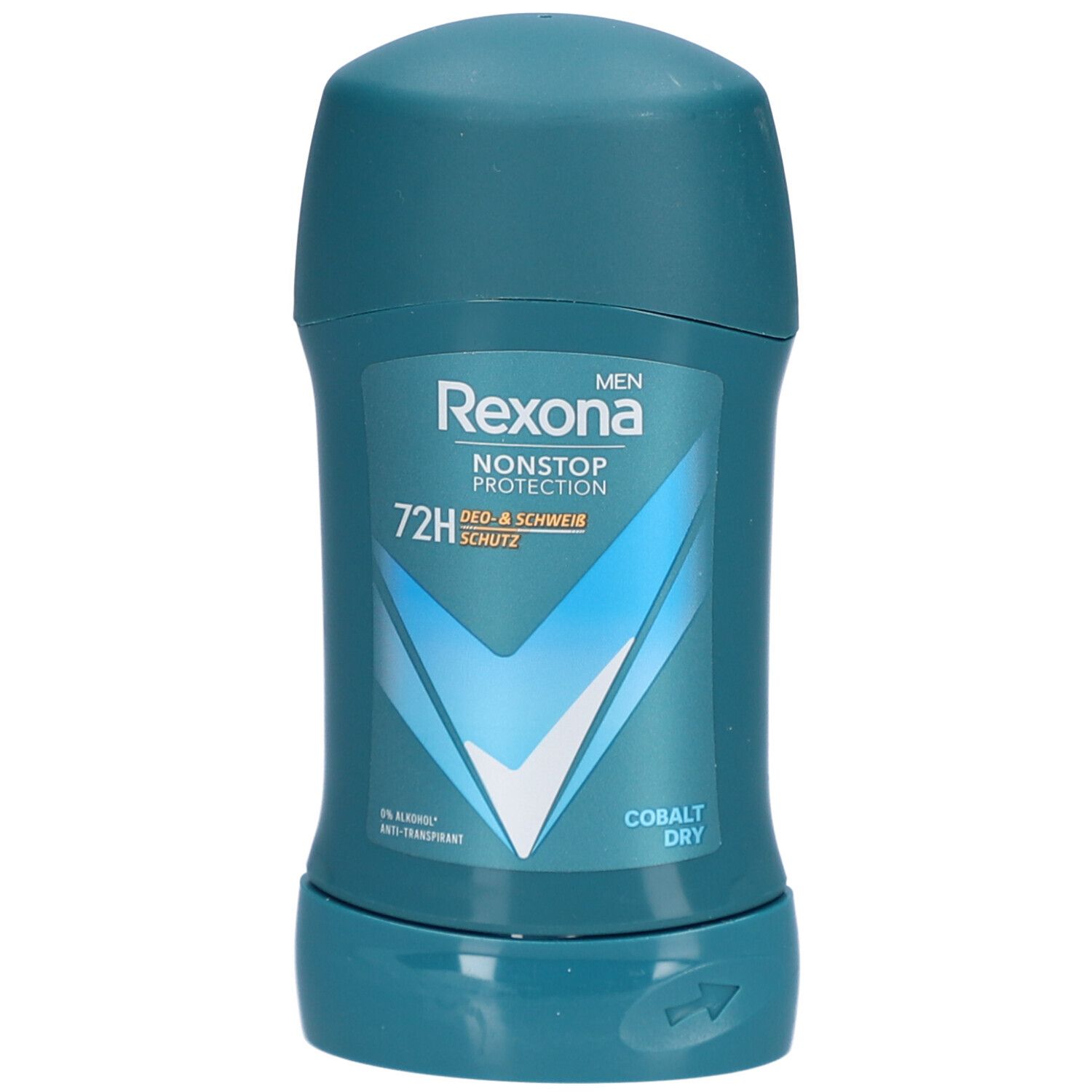 Stick antitranspirant bleu. Texte: Rexona Men, Nonstop Protection, 72H Schutz, Cobalt Dry. Contient de l'alcool.