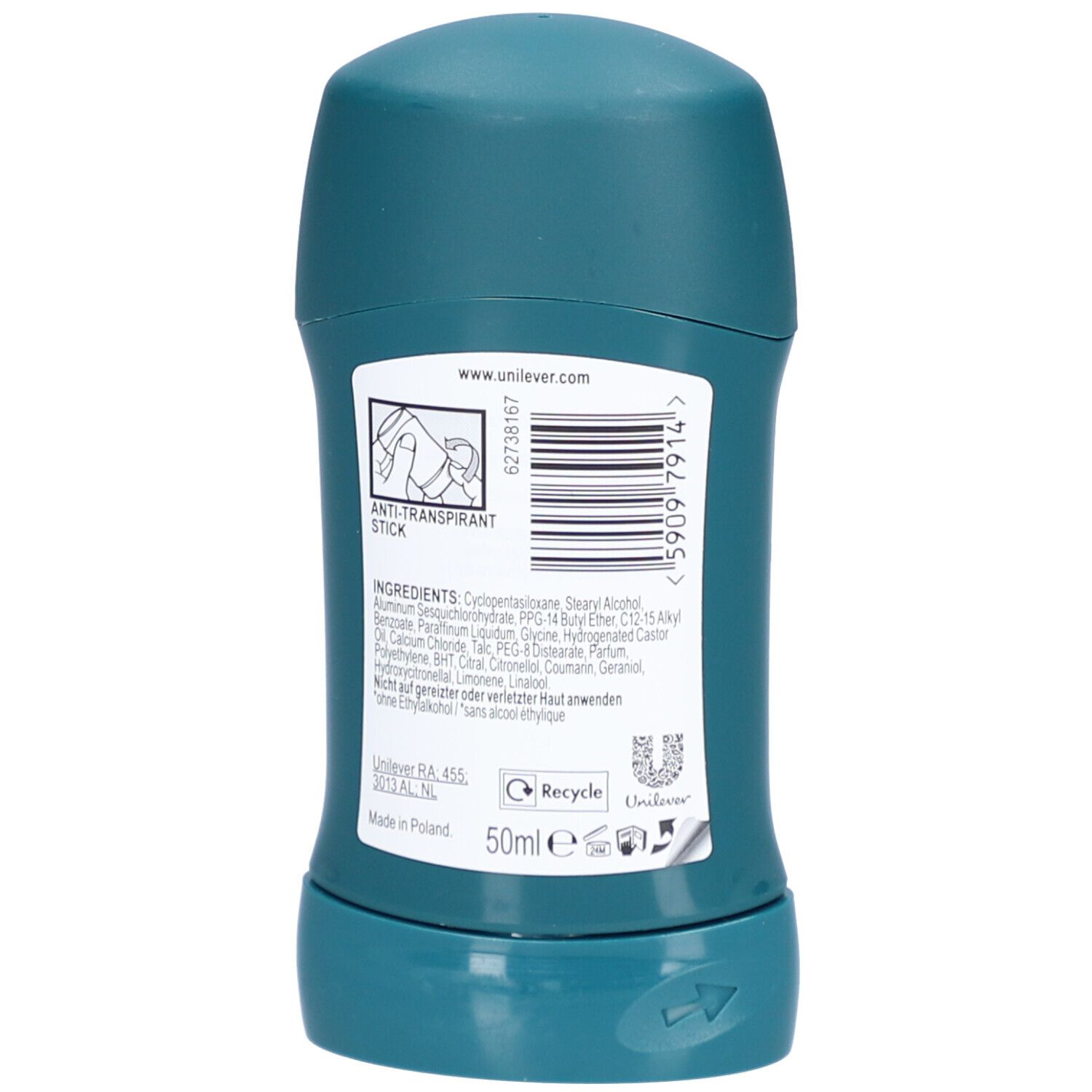 Dos du stick antitranspirant. Texte: Ingrédients, 50ml, Unilever. Avec symbole de recyclage.
