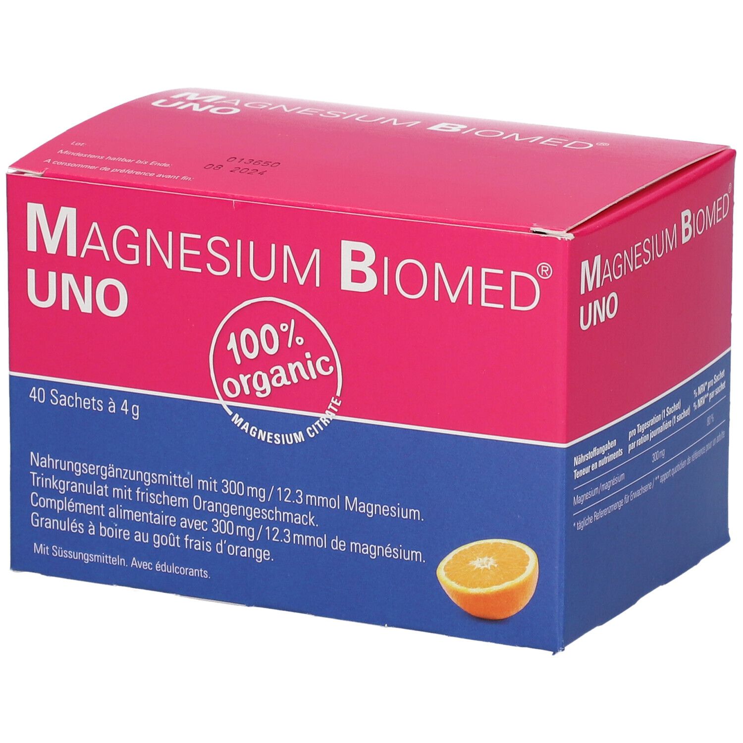 Boîte rose et bleue "Magnesium Biomed UNO". 40 sachets. Image d'orange. "100% organic".