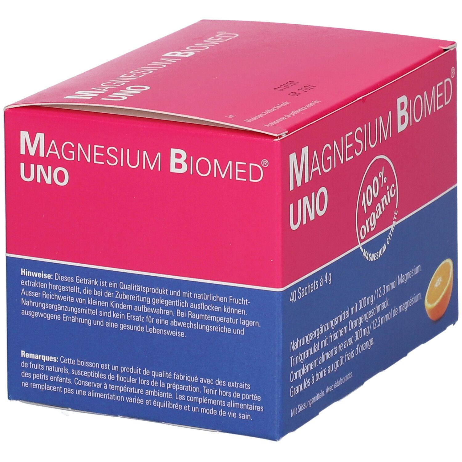 Boîte "Magnesium Biomed UNO". Rose-bleu. Texte et image d'orange. "100% organic".