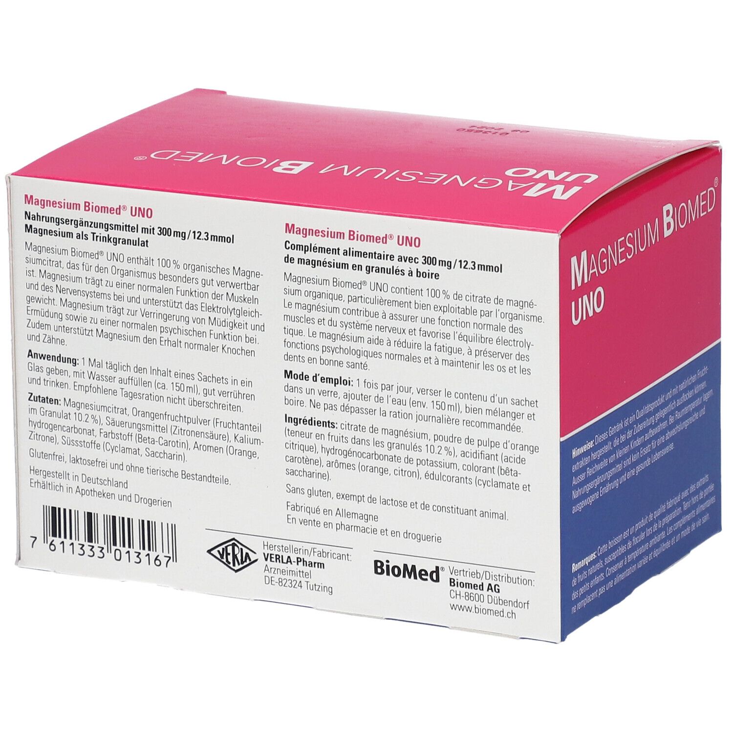 Dos de la boîte "Magnesium Biomed UNO". Texte en allemand et français. Ingrédients.