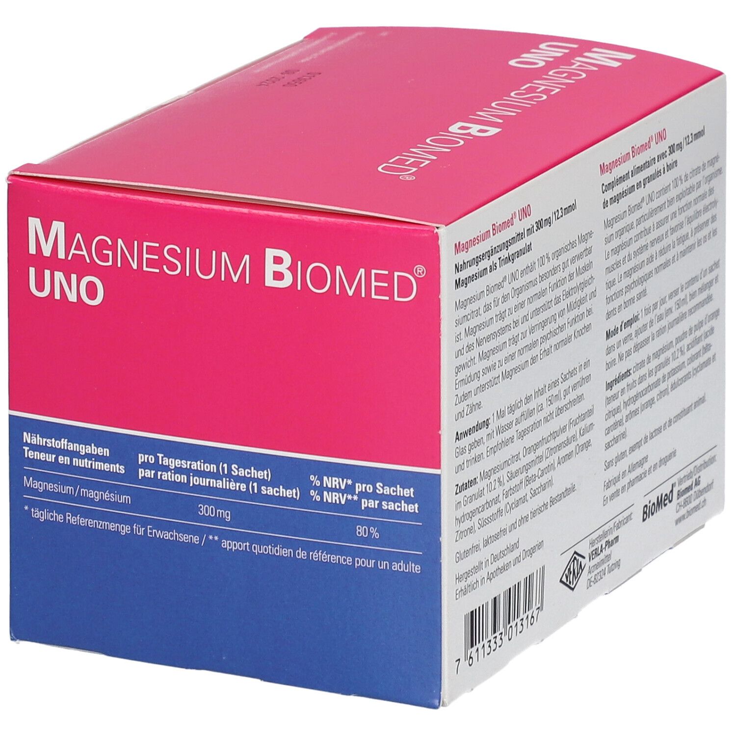 Boîte "Magnesium Biomed UNO". Texte avec informations nutritionnelles. Rose-bleu.