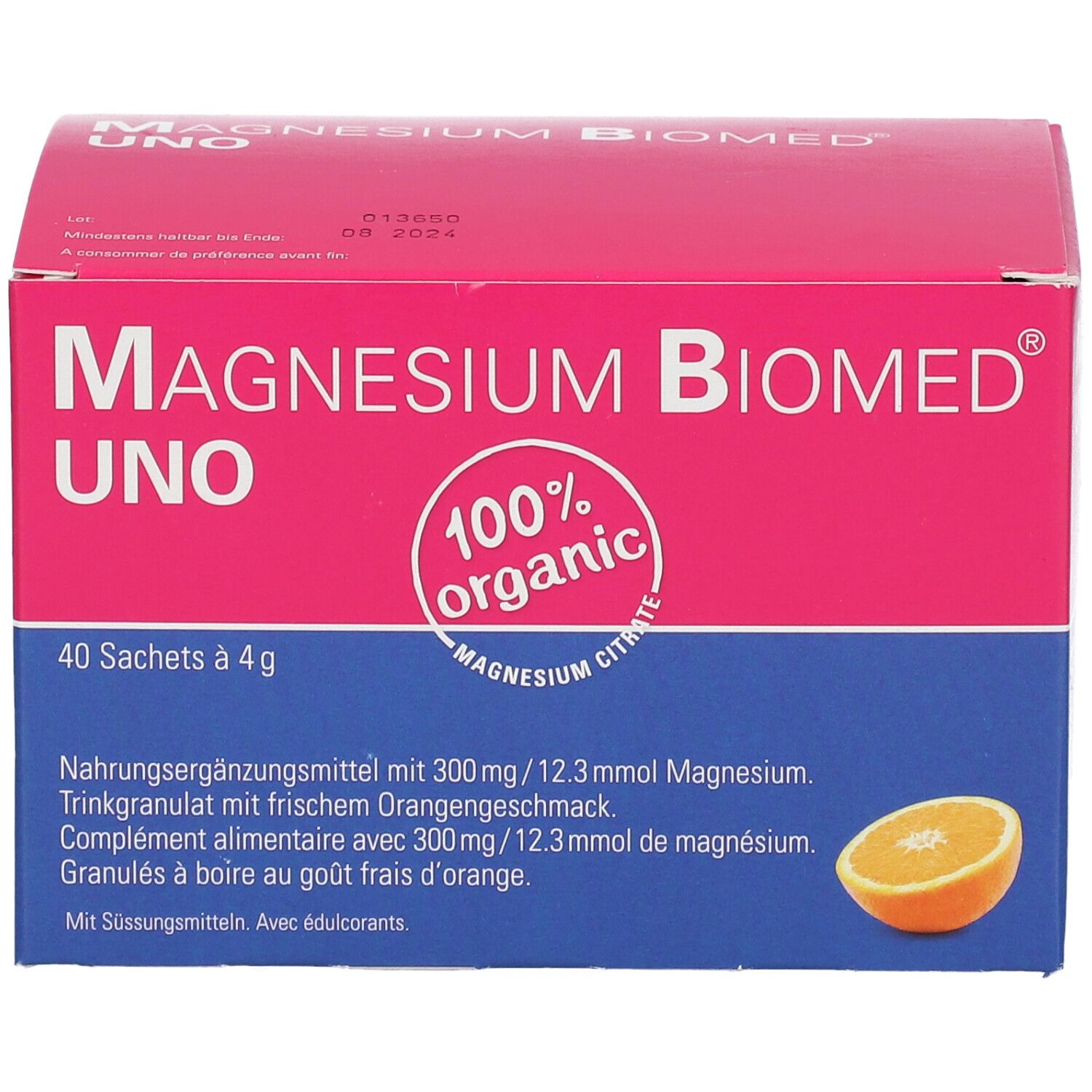 Boîte rose et bleue "Magnesium Biomed UNO". 40 sachets. Image d'orange. "100% organic".