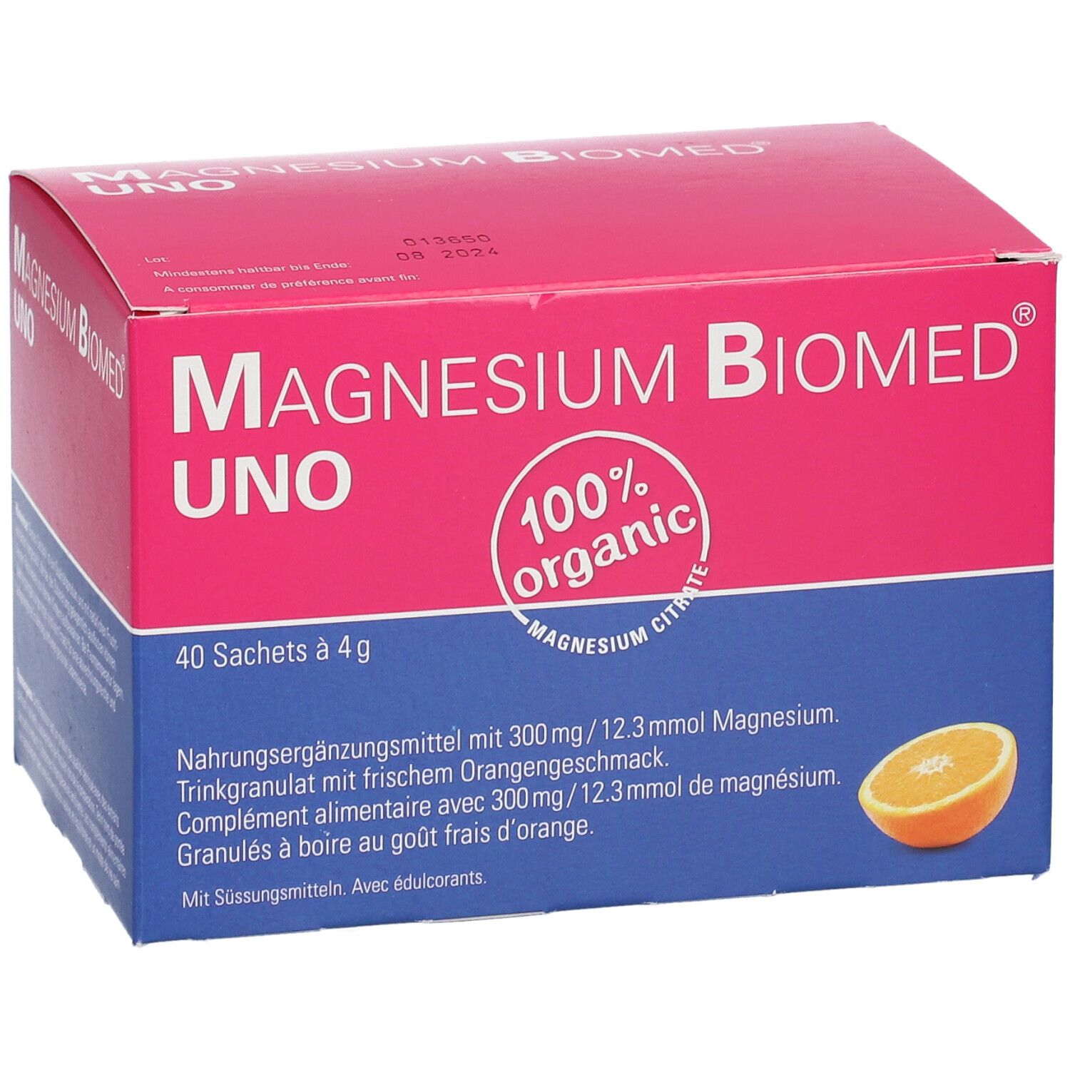 Boîte rose et bleue "Magnesium Biomed UNO". 40 sachets. Image d'orange. "100% organic".