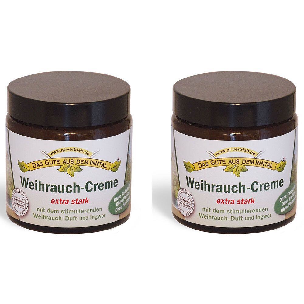 Deux pots avec couvercles bruns et étiquettes. L'étiquette indique "Weihrauch-Creme extra stark".