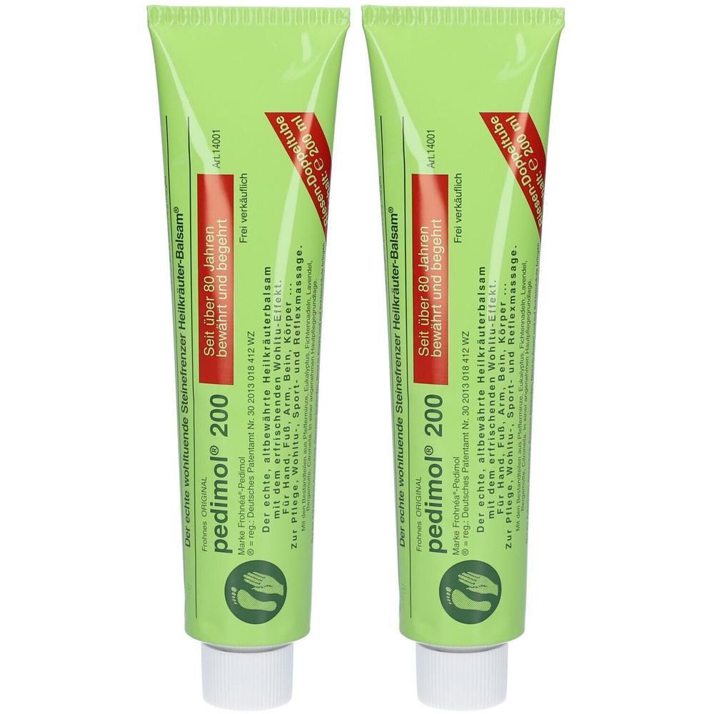 Deux tubes verts de pedimol® 200. Texte rouge et blanc. Inscription : Depuis plus de 80 ans éprouvé et recherché. Double tube, 200ml.