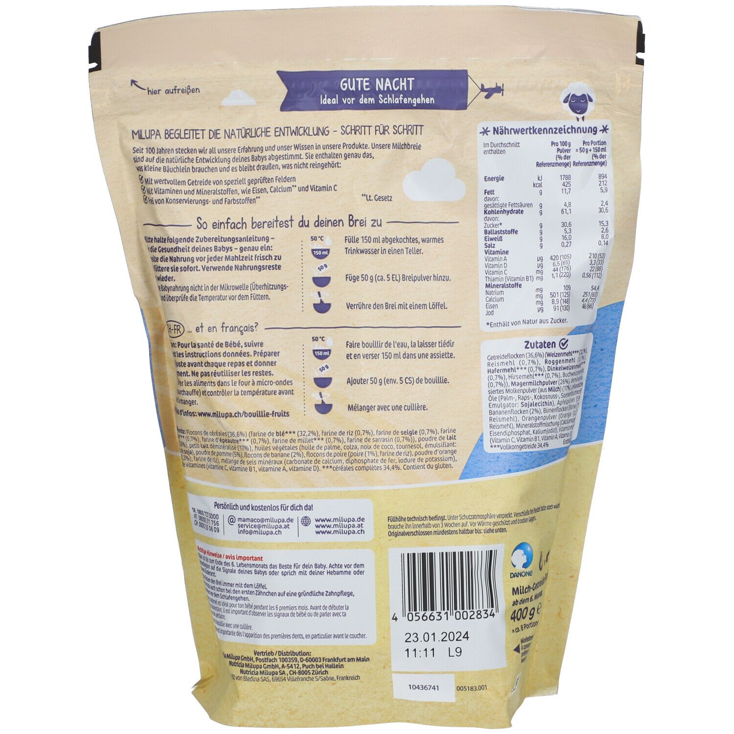 MILUPA Bonne Nuit Bouillie de lait complet aux fruits