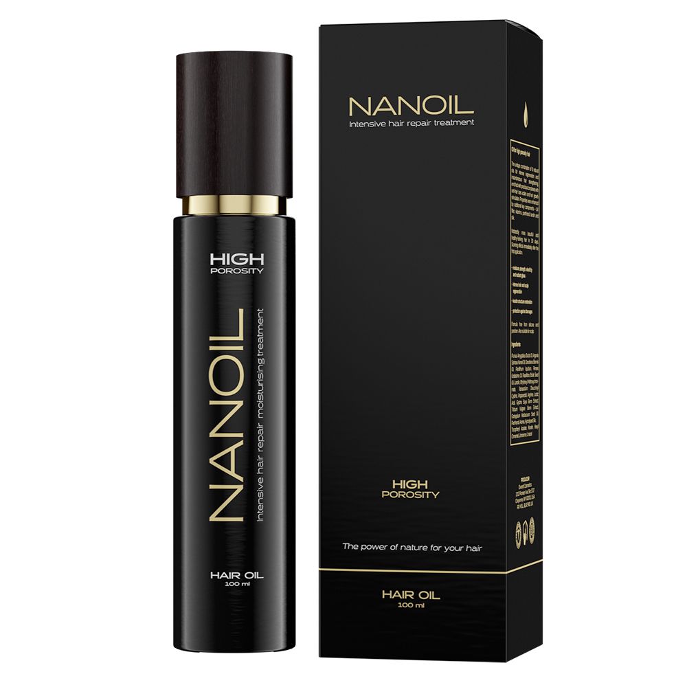 Flacon noir NANOIL avec détails dorés, à côté d'une boîte noire avec informations sur le produit.