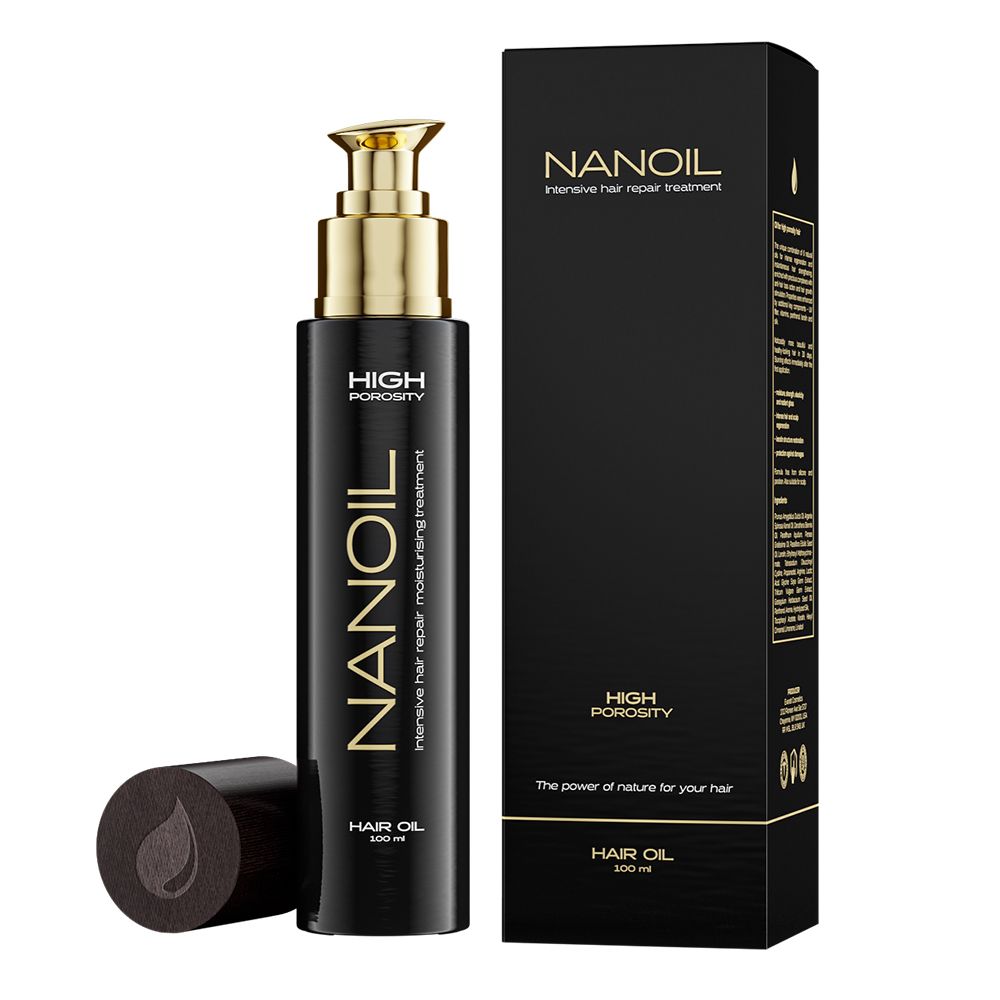 Flacon noir NANOIL avec pompe dorée et bouchon séparé. Boîte noire à côté.