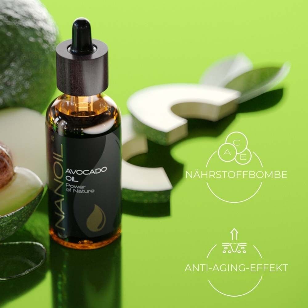 Flacon avec compte-gouttes. Inscription: NANOIL Avocado Oil. Graphiques: bombe nutritive, effet anti-âge. Fond vert.